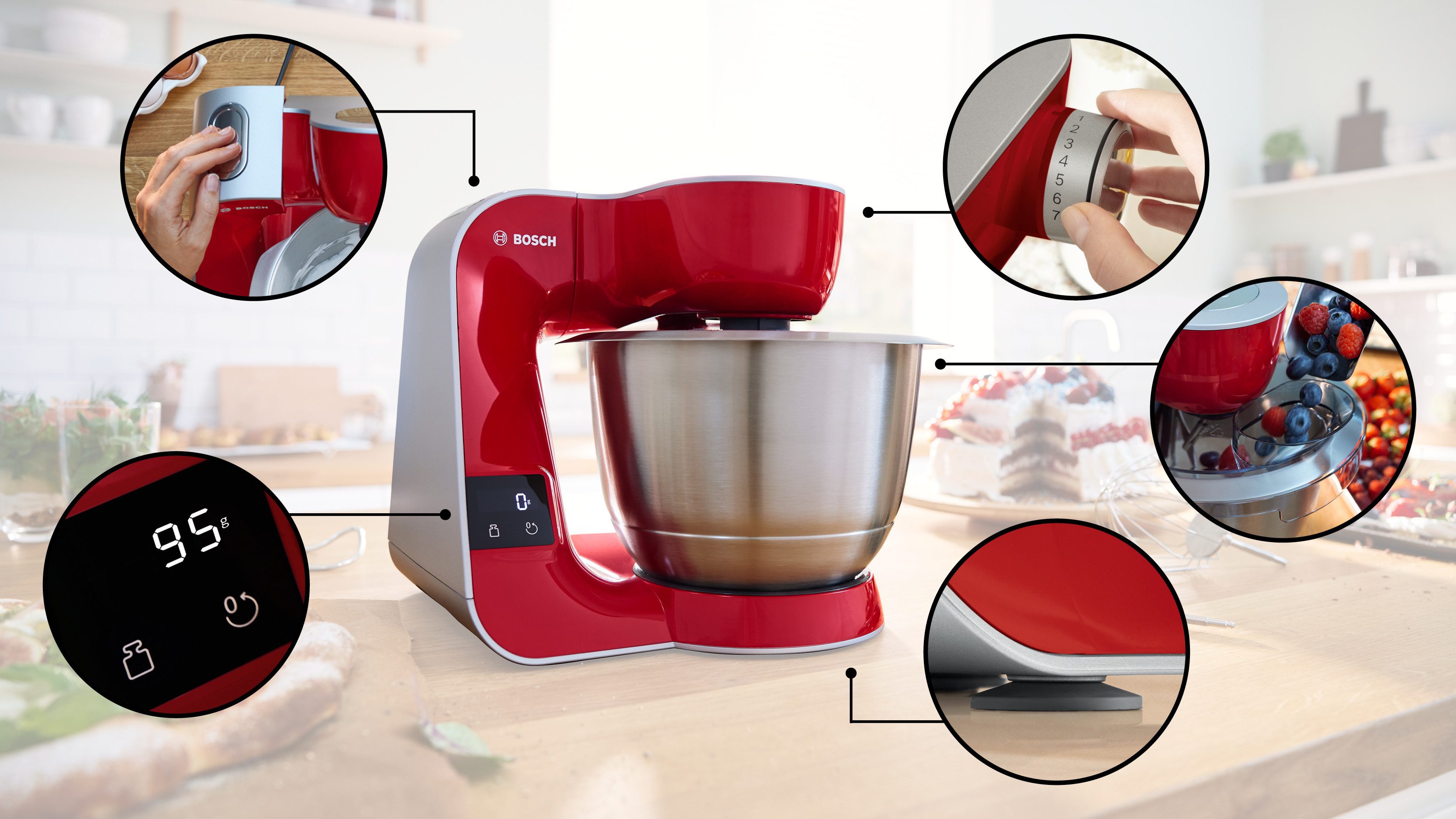 BOSCH Keukenmachine Serie 4 MUM5X720, geïntegreerde weegschaal, continu rasp- en snijapparaat, mixer, rood