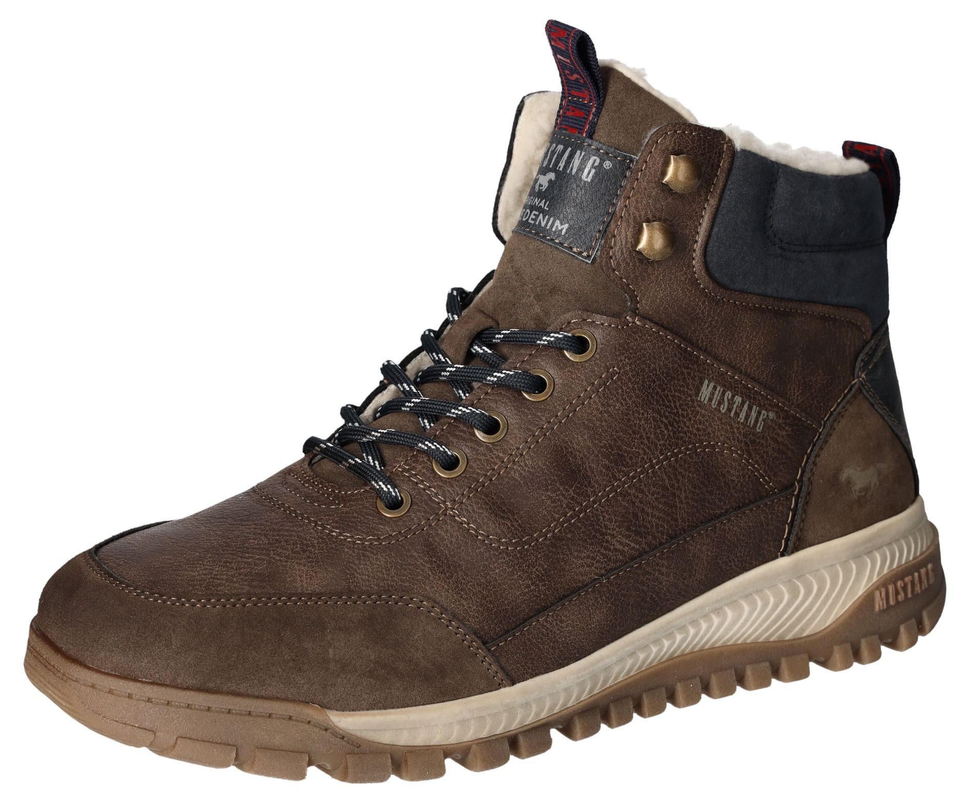 Mustang Shoes Winterlaarzen sleehak, veterschoenen, enkellaars met contrastafwerking