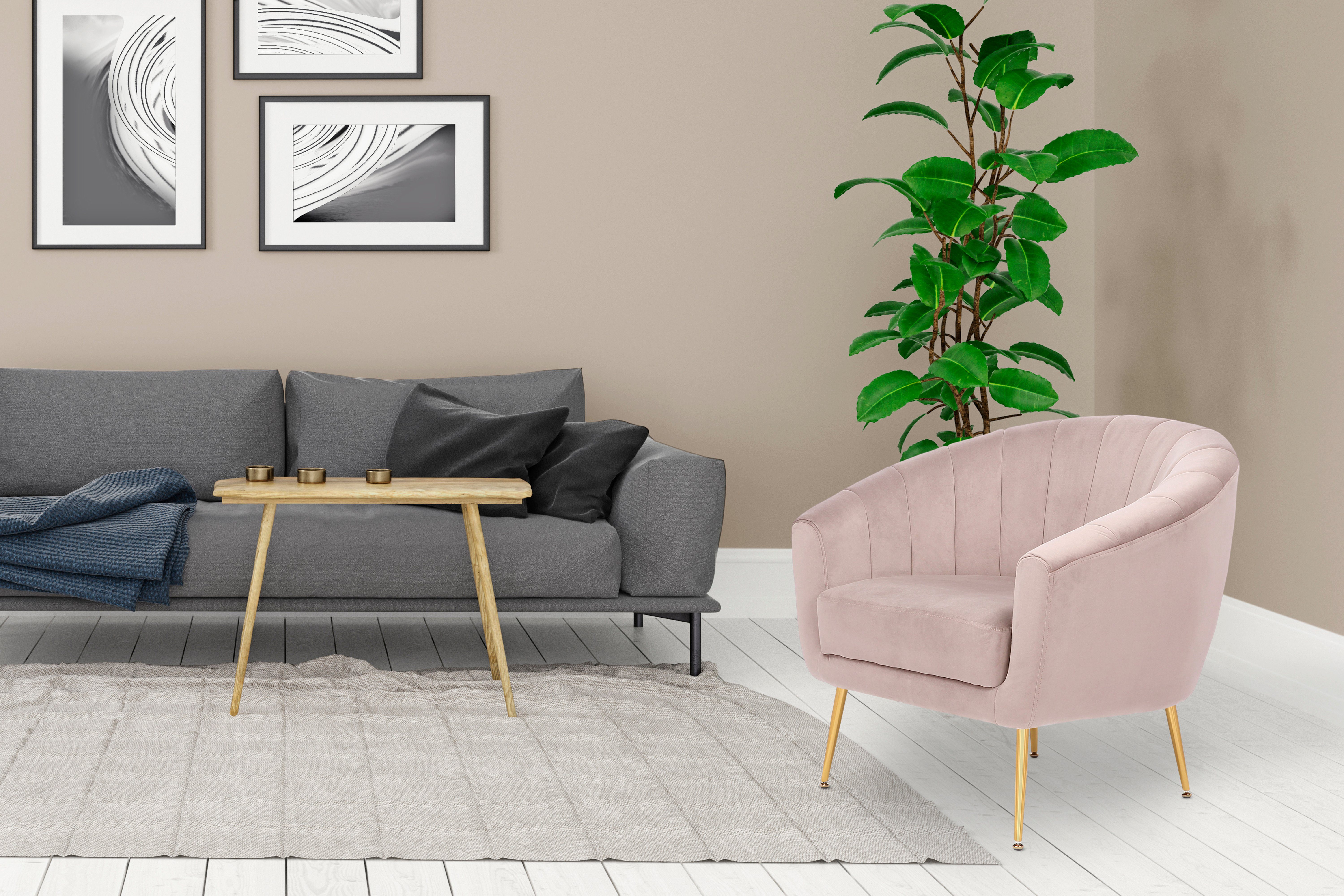 Kayoom Fauteuil Sofa Doreen 125, comfortabele fauteuil, eentonig ontwerp modern, ruimtebesparend, onderhoudsvriendelijk, fluwelen bekleding van stof (1 stuk)