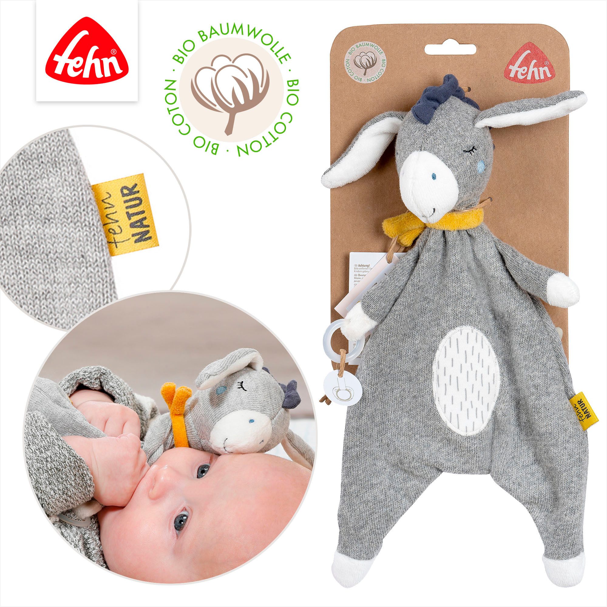 Fehn Knuffeldoekje FehnNATUR, knuffeldoek ezel