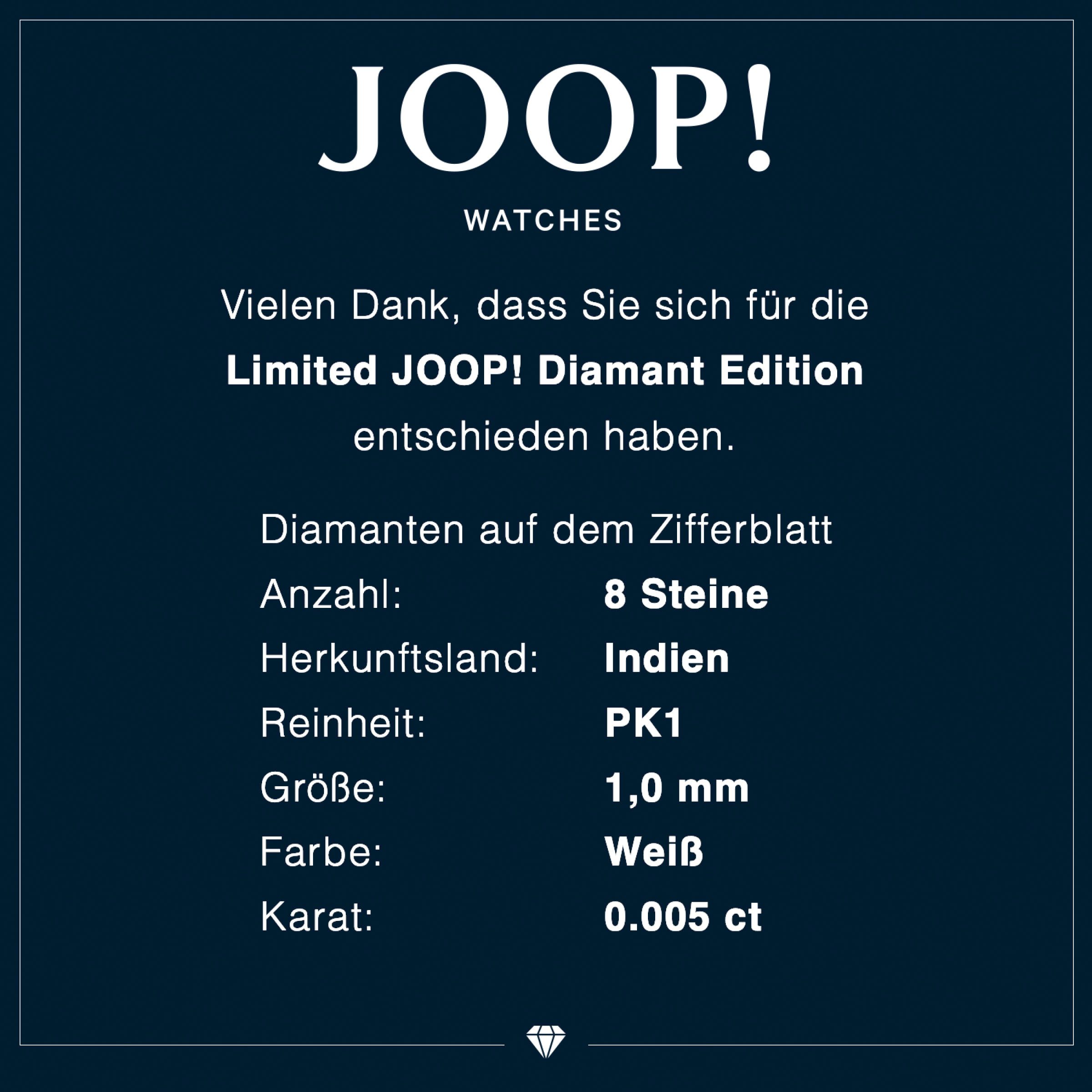 Joop! Kwartshorloge Polshorloge, dameshorloge, roestvrijstalen band, analoog, diamant