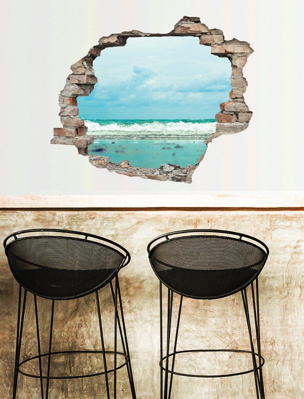 queence Wandfolie Zee Muursticker, muurdecoratie, zelfklevend, 3D, muurdurchbraak (1 stuk)