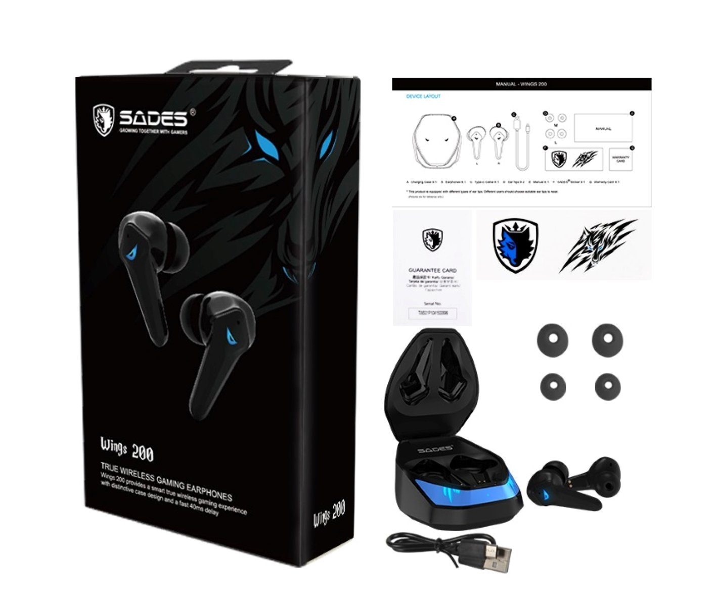 Sades In-ear-oordopjes Wings 200 TW-S02 draadloos, stereo, met microfoon, bluetooth 5.0, automatische koppeling