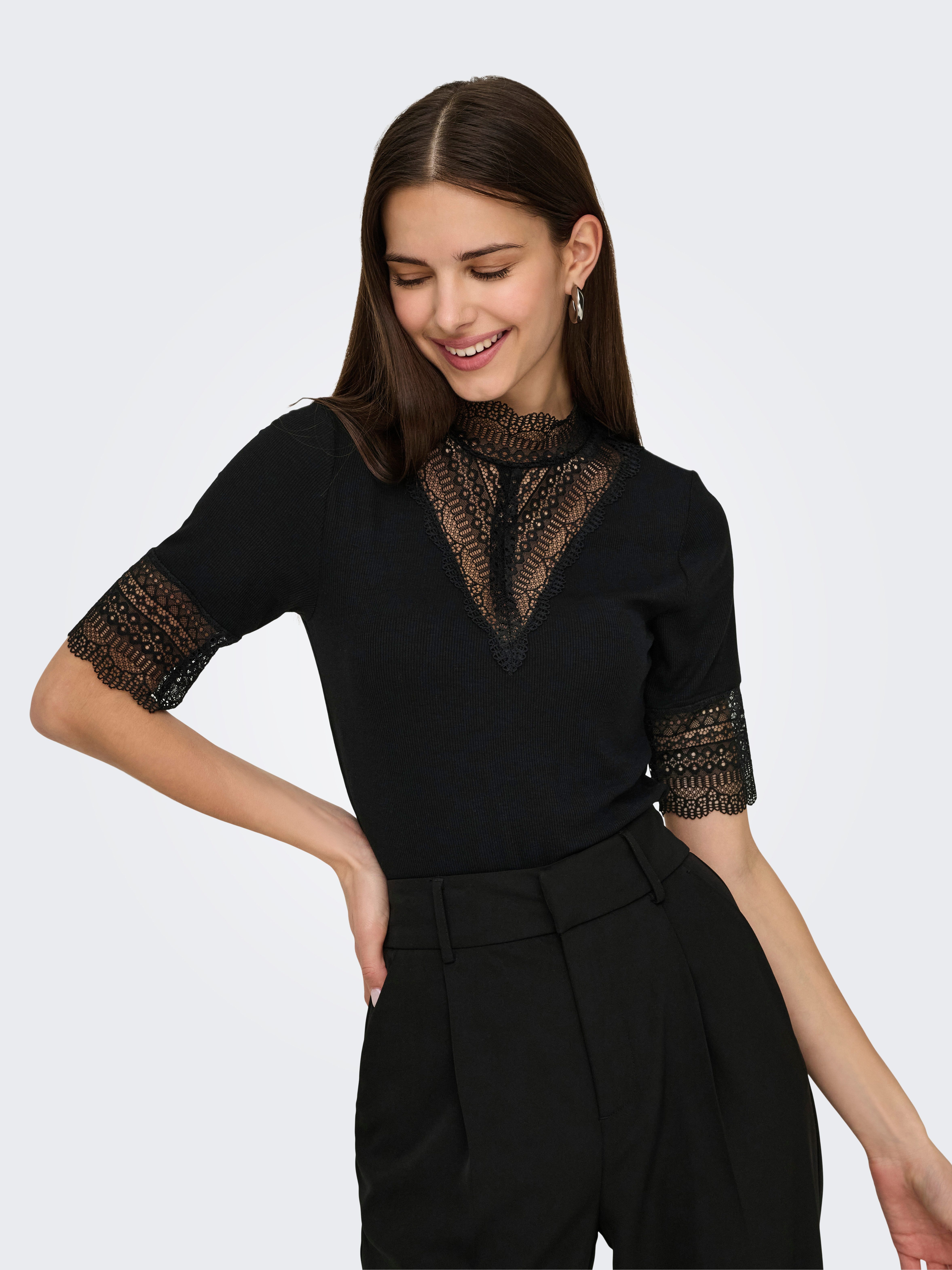 Only Kanten shirt ONLTILDE HIGHNECK S/S TOP JRS NOOS