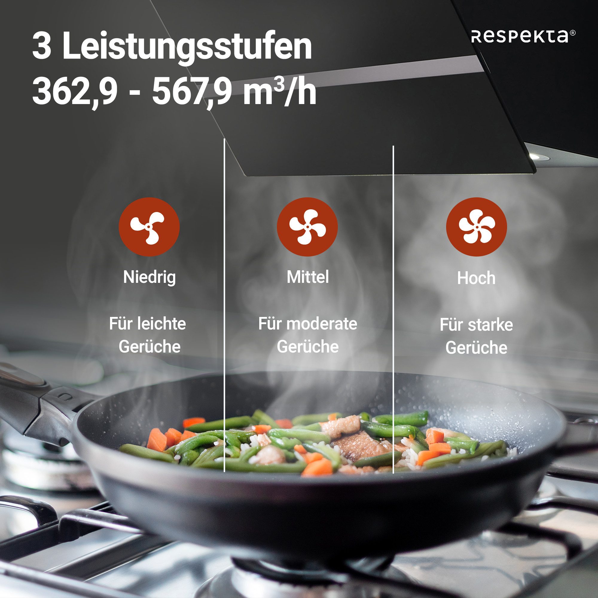 RESPEKTA Schuine wandkap CH 24060 SAM 60 cm, 3 vermogensniveaus, led-verlichting, geschikt voor afzuiging en recirculatie
