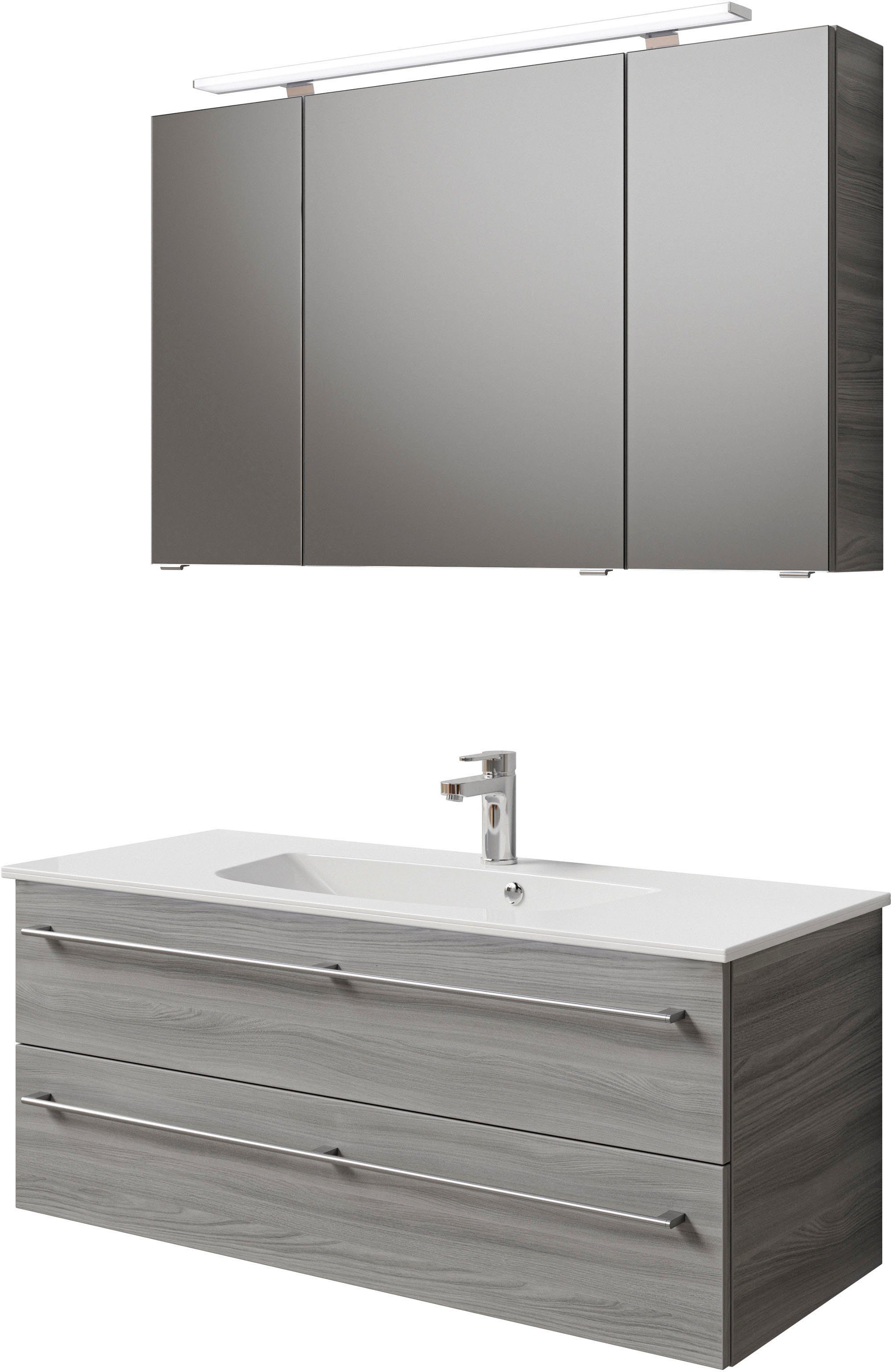 Saphir Badkamerserie Serie 6025 2-delig, mineraalmarmeren wastafel met led-spiegelkast Wastafelmeubel 117 cm breed, 2 laden, 3 spiegeldeuren, incl.