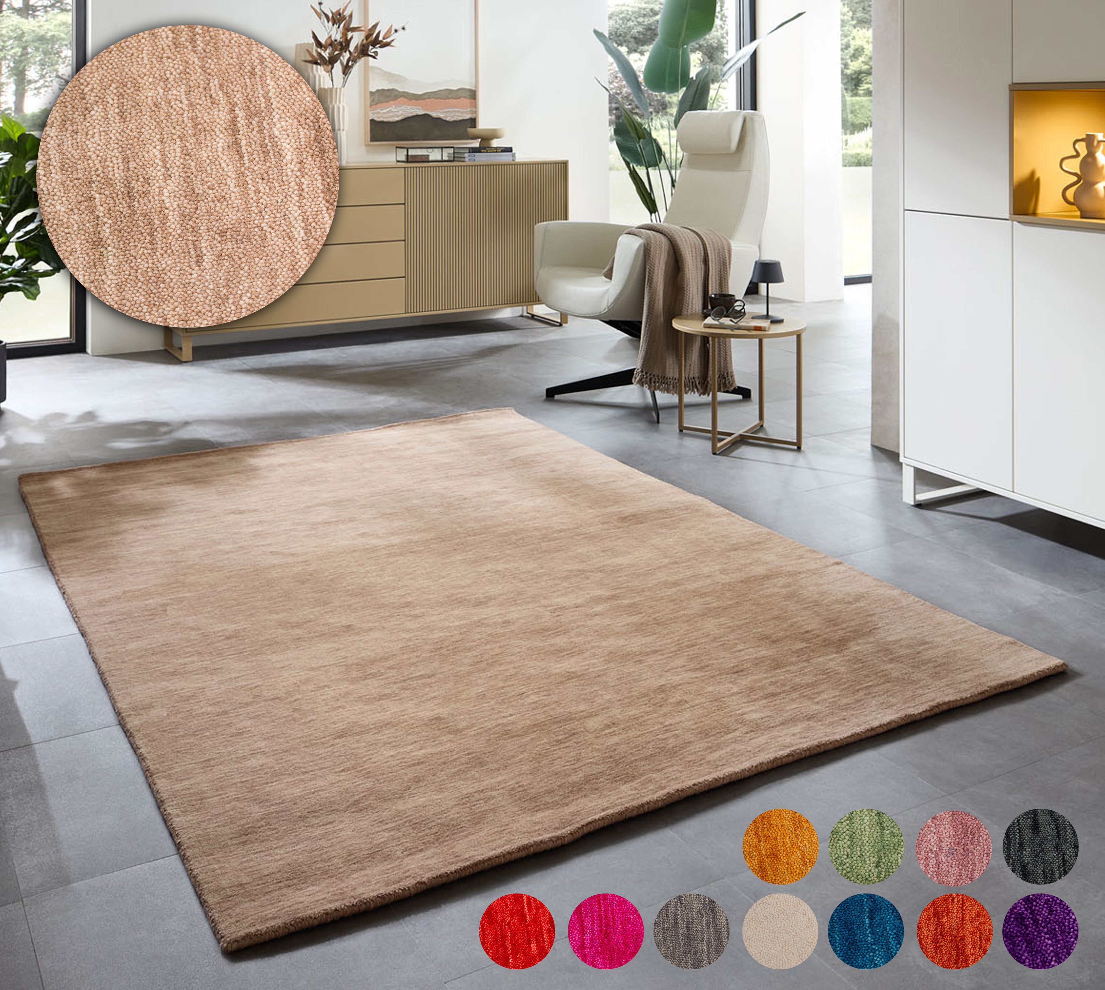 THEKO Wollen kleed Holi Unikleuren, iets mêlee, zuivere wol, met de hand geweven met knoop-look moderne vloerkleden maat 40 cm x 60 cm x 13 mm beige