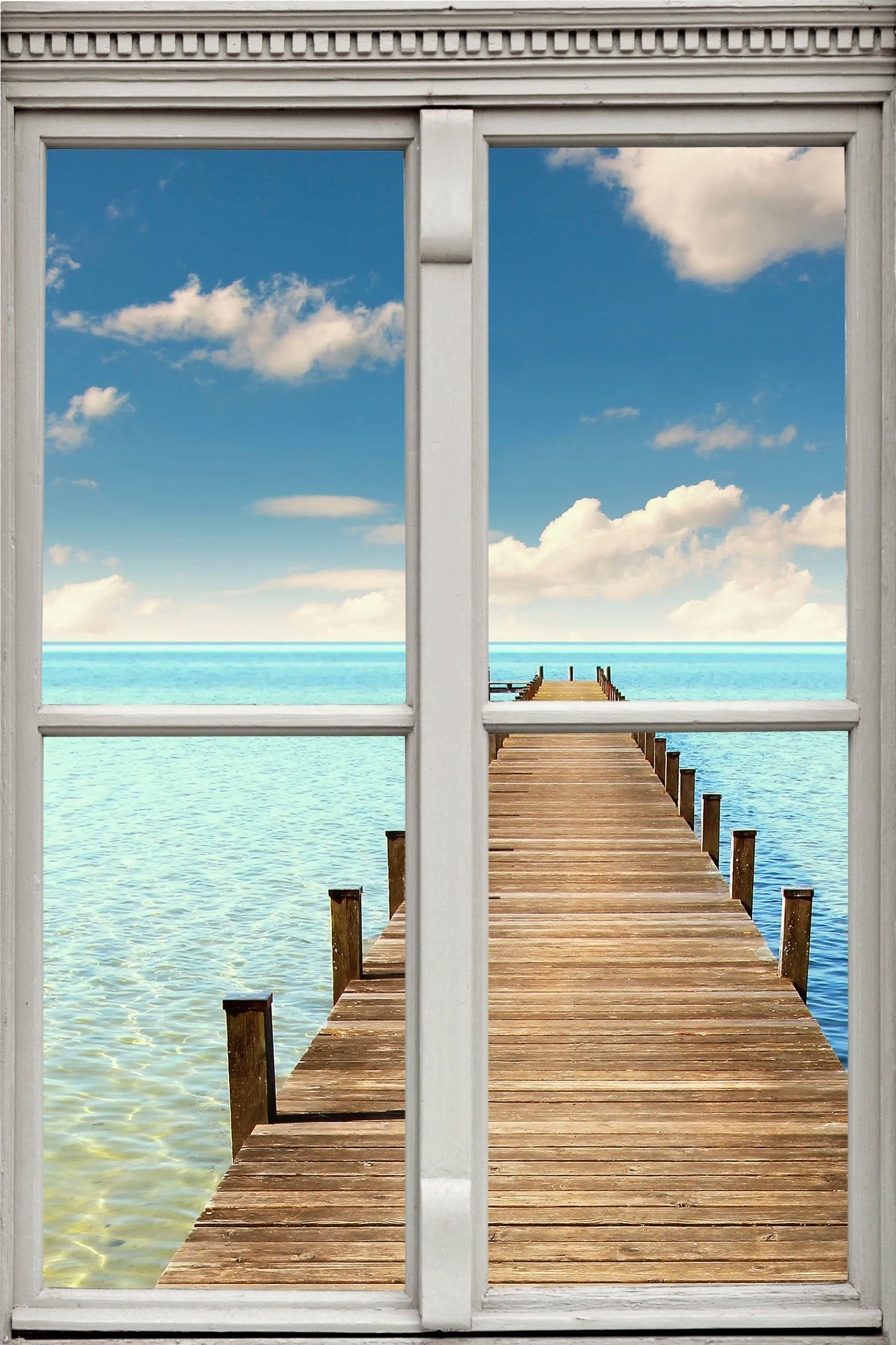 queence Wandfolie Pier in de zee Muursticker, muurdecoratie, zelfklevend, 3D, raam wandstickers blauw