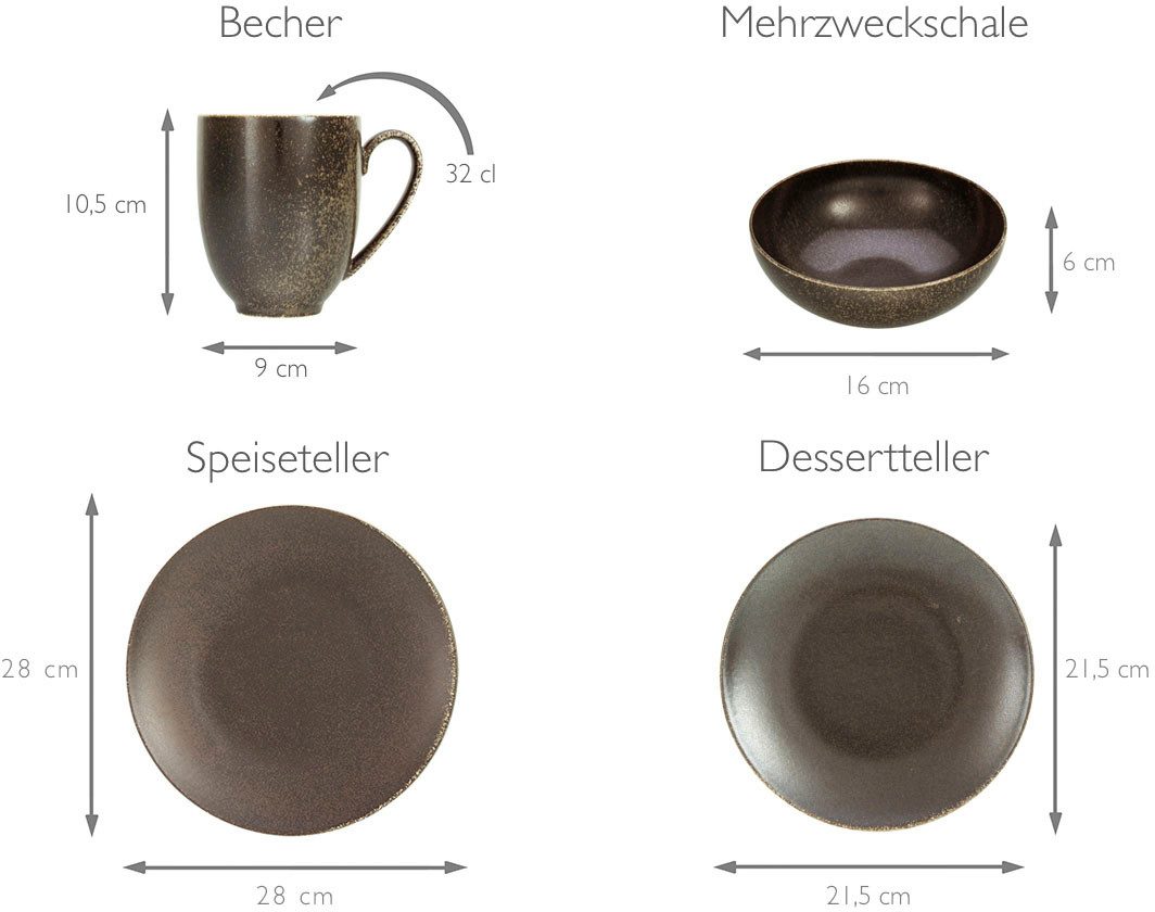 CreaTable Combi-servies Servies-set Rusty Servies, zijdemat glazuur, 16 delen, voor 4 personen (set, 16-delig)