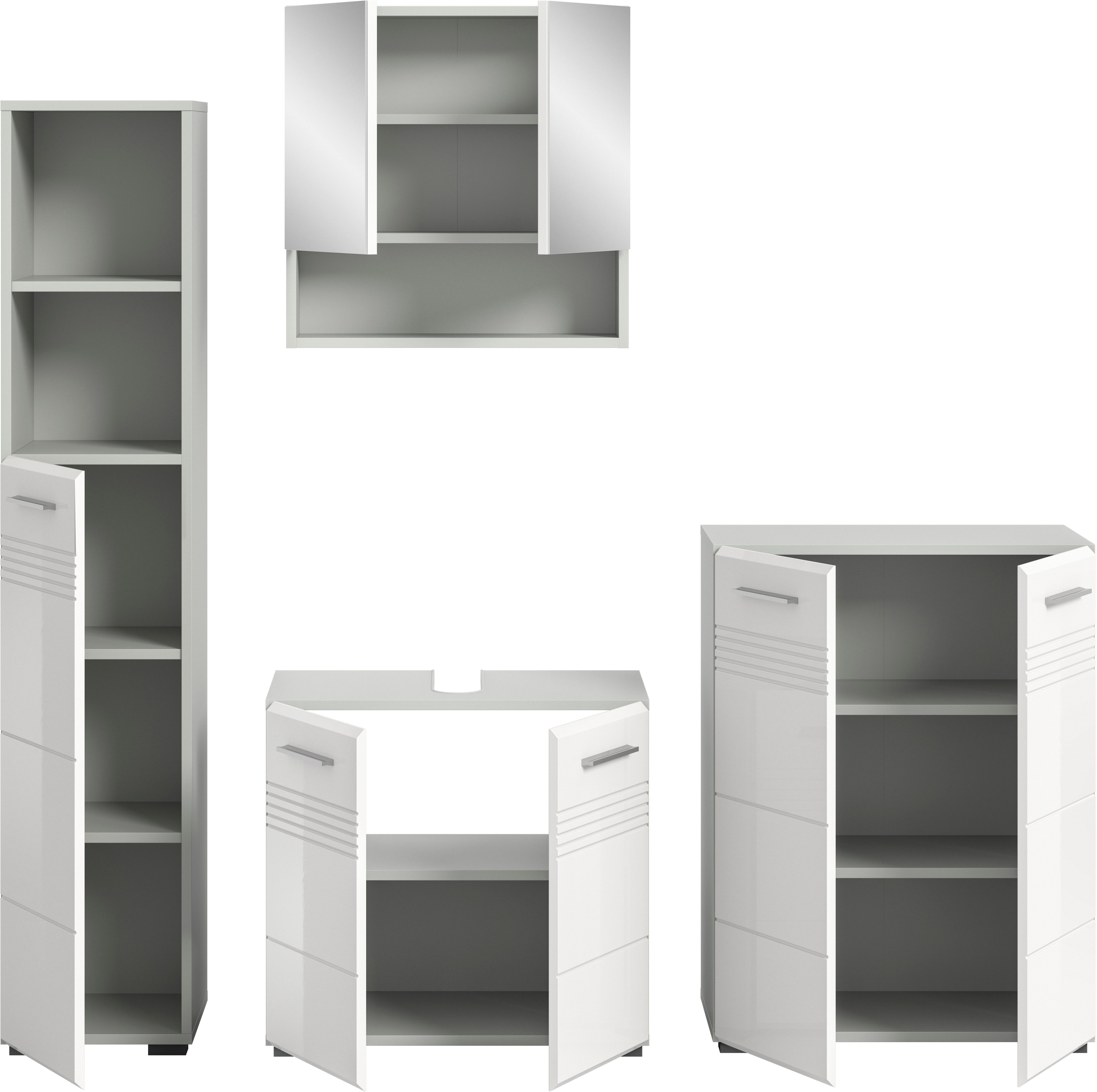 welltime Badmeubelset Calicio, bestaande uit: hoge kast, wastafelonderkast Spiegelschrank, middel kast, hoogwaardige MDF front met groeffrasing (4 stuks)