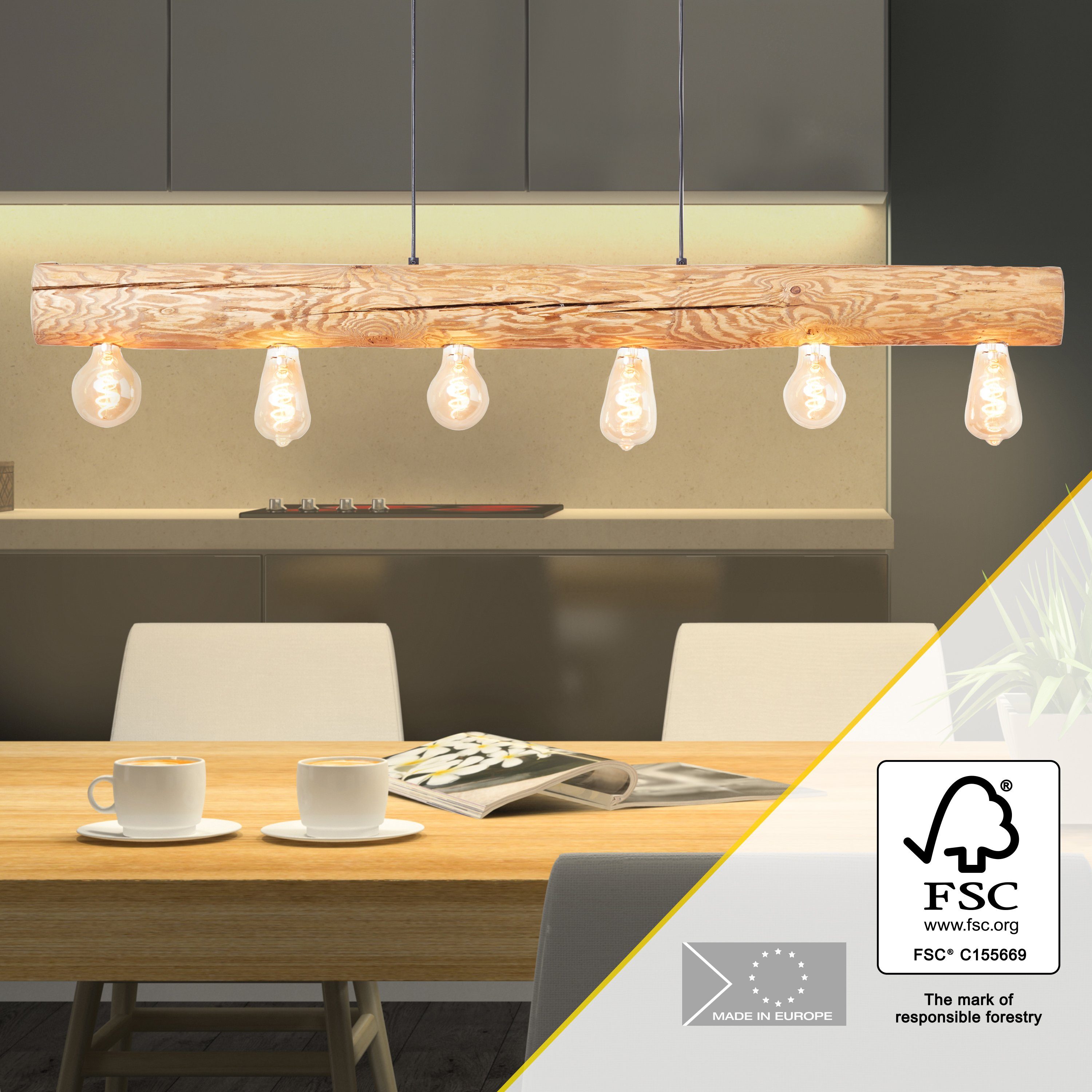 Brilliant Leuchten Hanglamp TRABO 105 cm hoogte, 115 cm breedte, 6x e27, in te korten, hout / metaal, grenen gebeitst (1 stuk)