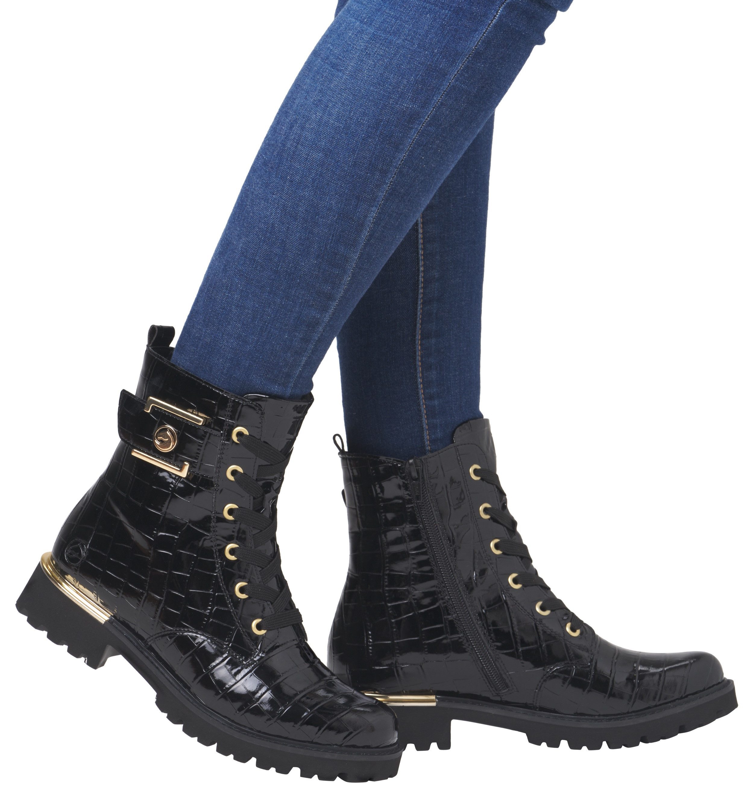 Remonte Veterlaarsjes , blokhak, veterschoenen in krokodillenlook, binnenrits