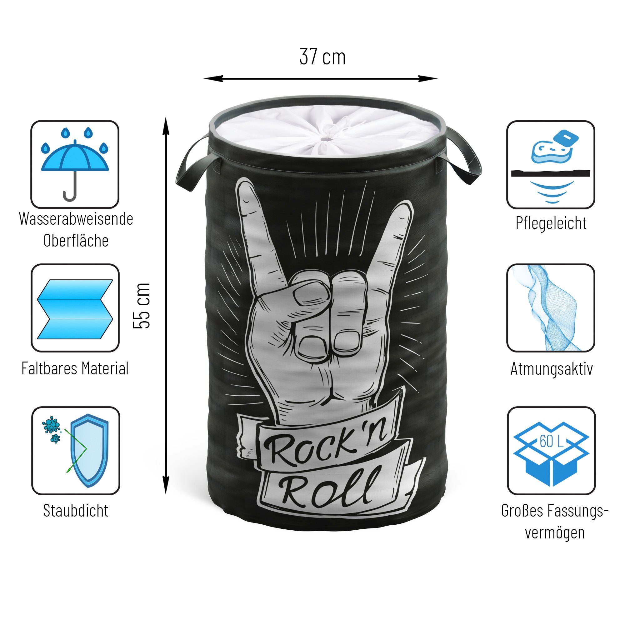Sanilo Wasmand Rock ’n’ Roll 60 liter, opvouwbaar, met bescherming tegen inkijk