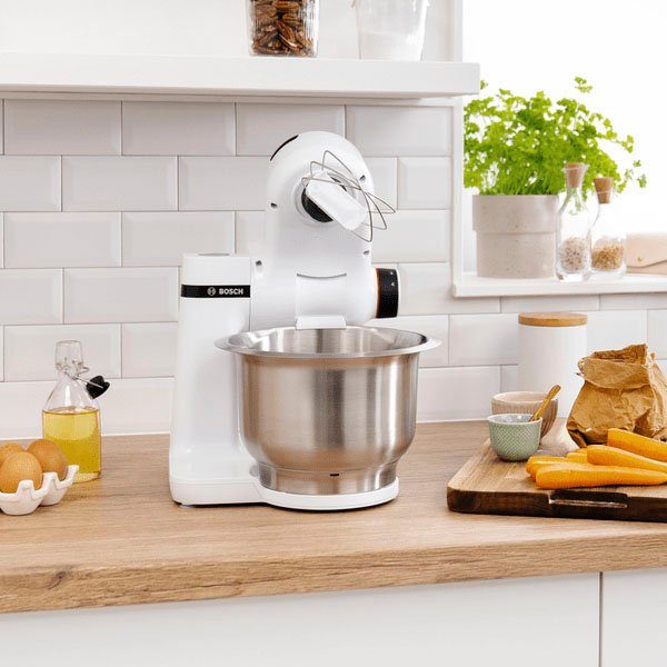 BOSCH Keukenmachine Serie 2 MUMS2EW00, edelstalen kom, wit Planetenmixers, kneedhaken/schaar-/klop-/mixbesen van roestvrij staal, 4 standen