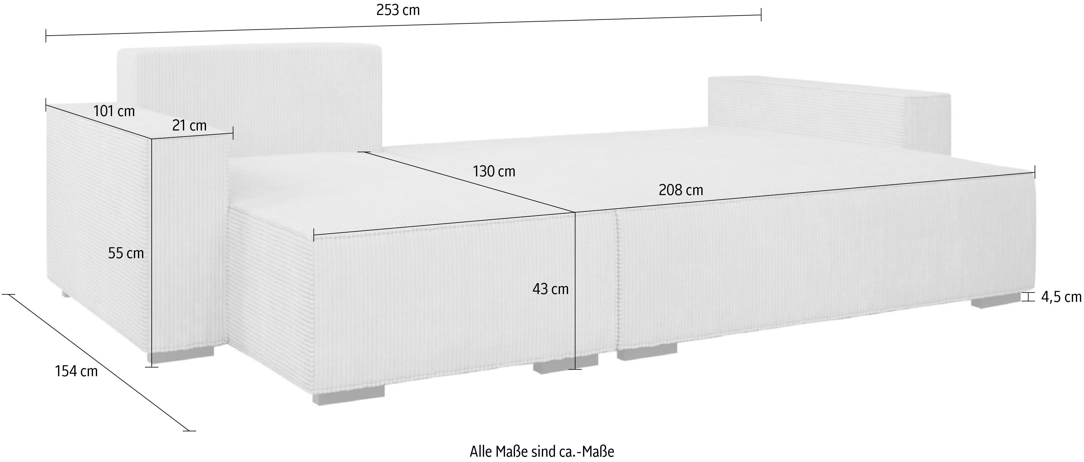INOSIGN Hoekbank Winton ribfluwelen bank/slaapbank 253 cm Ribfluweel, omkeerbare recamiere, slaapfunctie (130/208 cm), bedbox