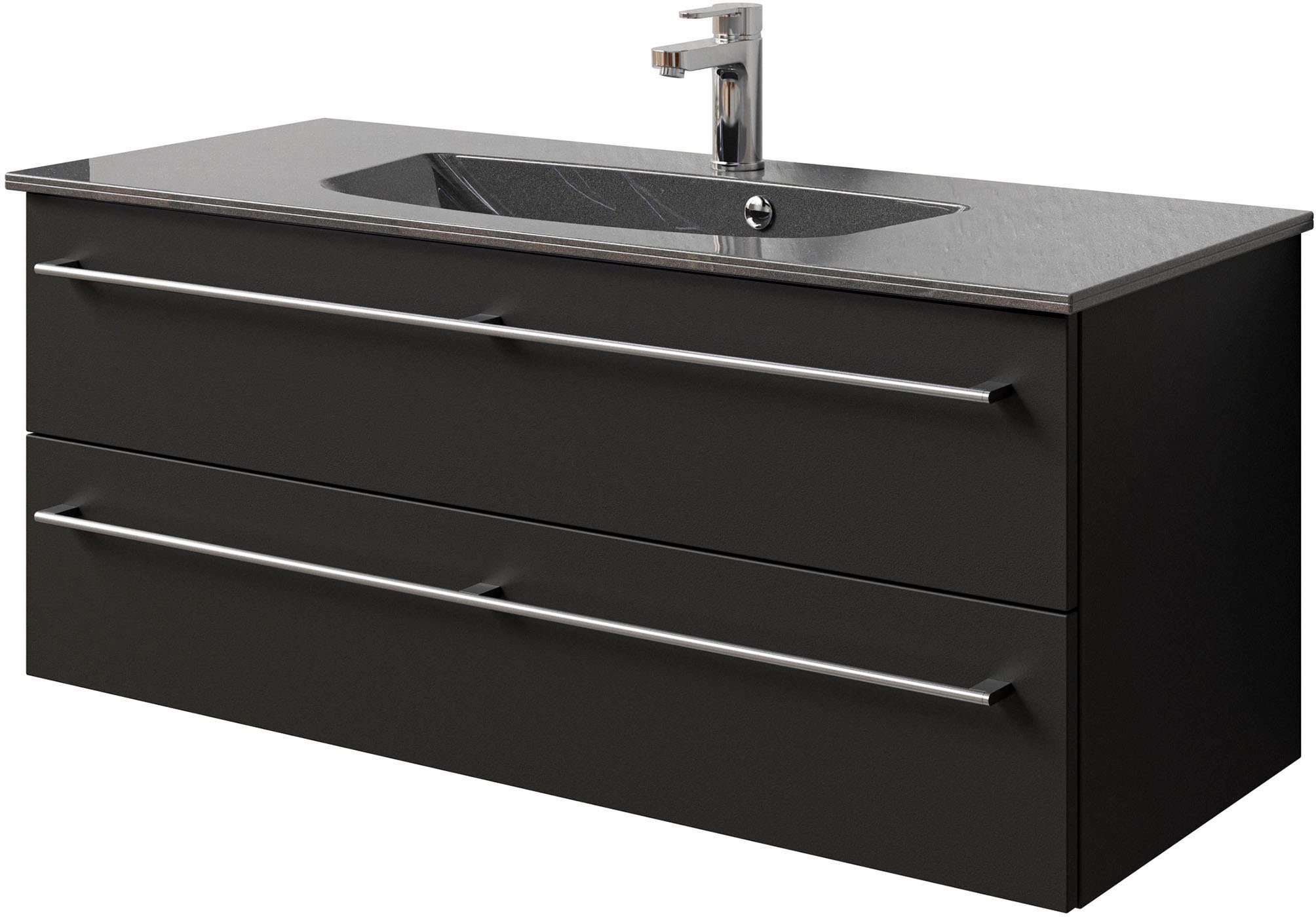 Saphir Wastafelonderkast Serie 6025 mineraalmarmeren wastafel met onderkast, 117 cm breed (2-delig) wastafelmeubels zwart