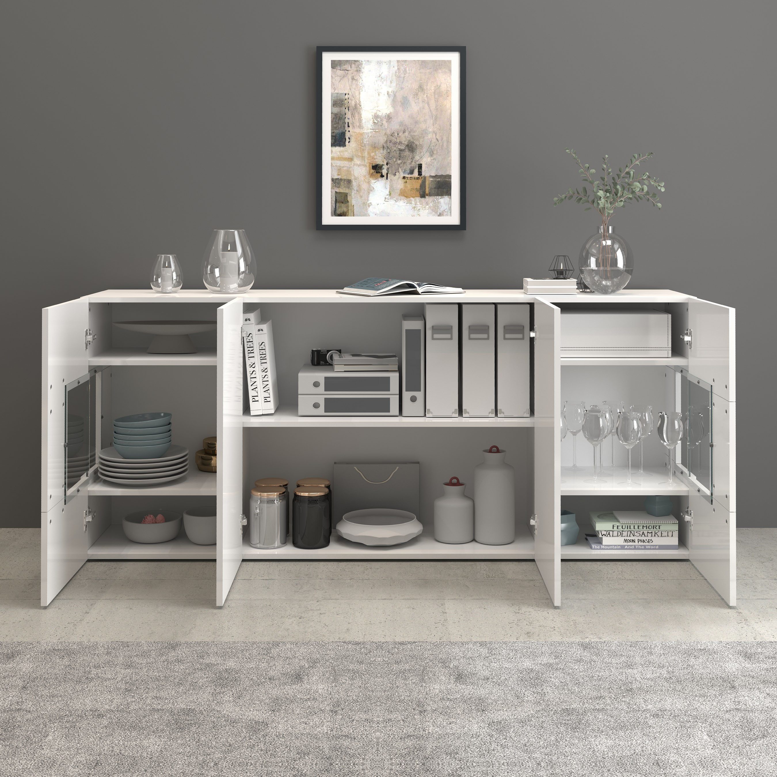 INOSIGN Dressoir Egypte, Ladekast, Kast, Buffet, Vitrine greeploos 4 deuren waarvan 2 met glas inzet, compleet hoogglans gelakt, breedte 180