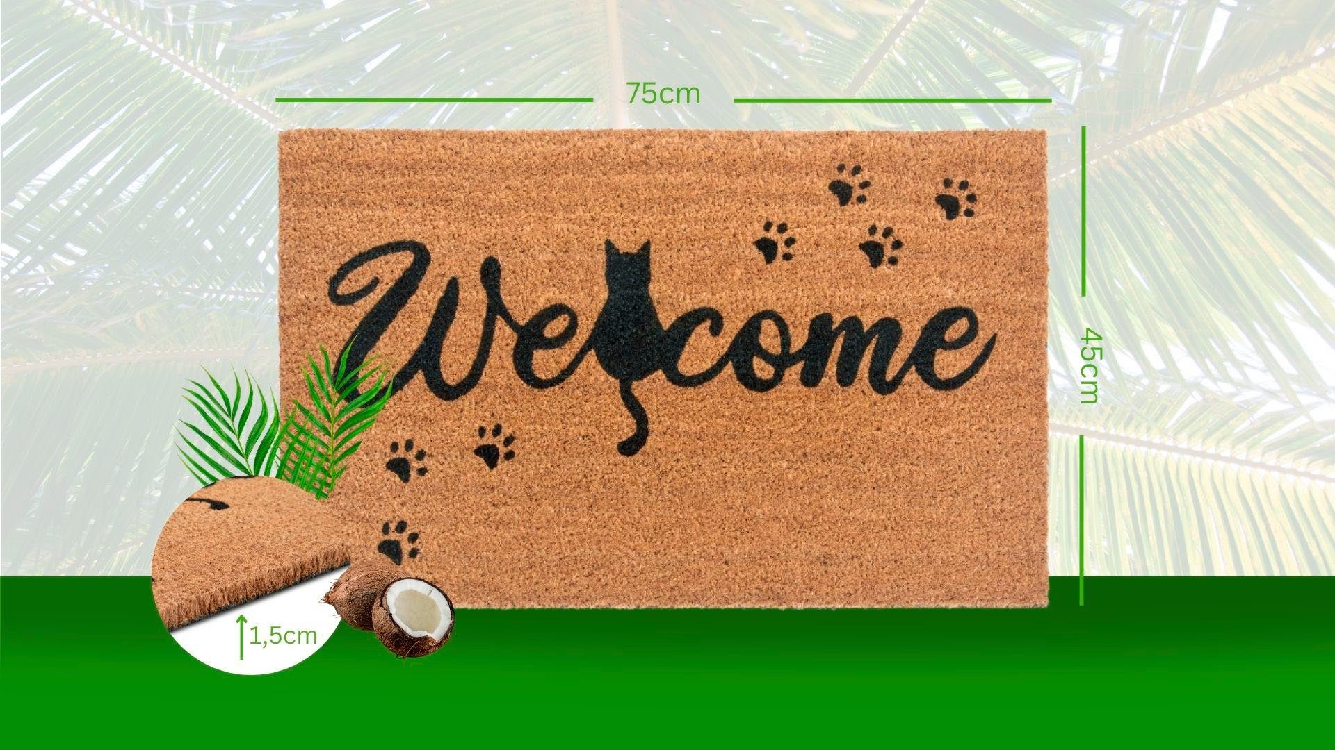 HANSE Home Mat Mix Mats Kokos Cat Paws Welcome, deurmat Kokos, vuilopvangmat, outdoor, antislip, binnen, kokosmat, gang