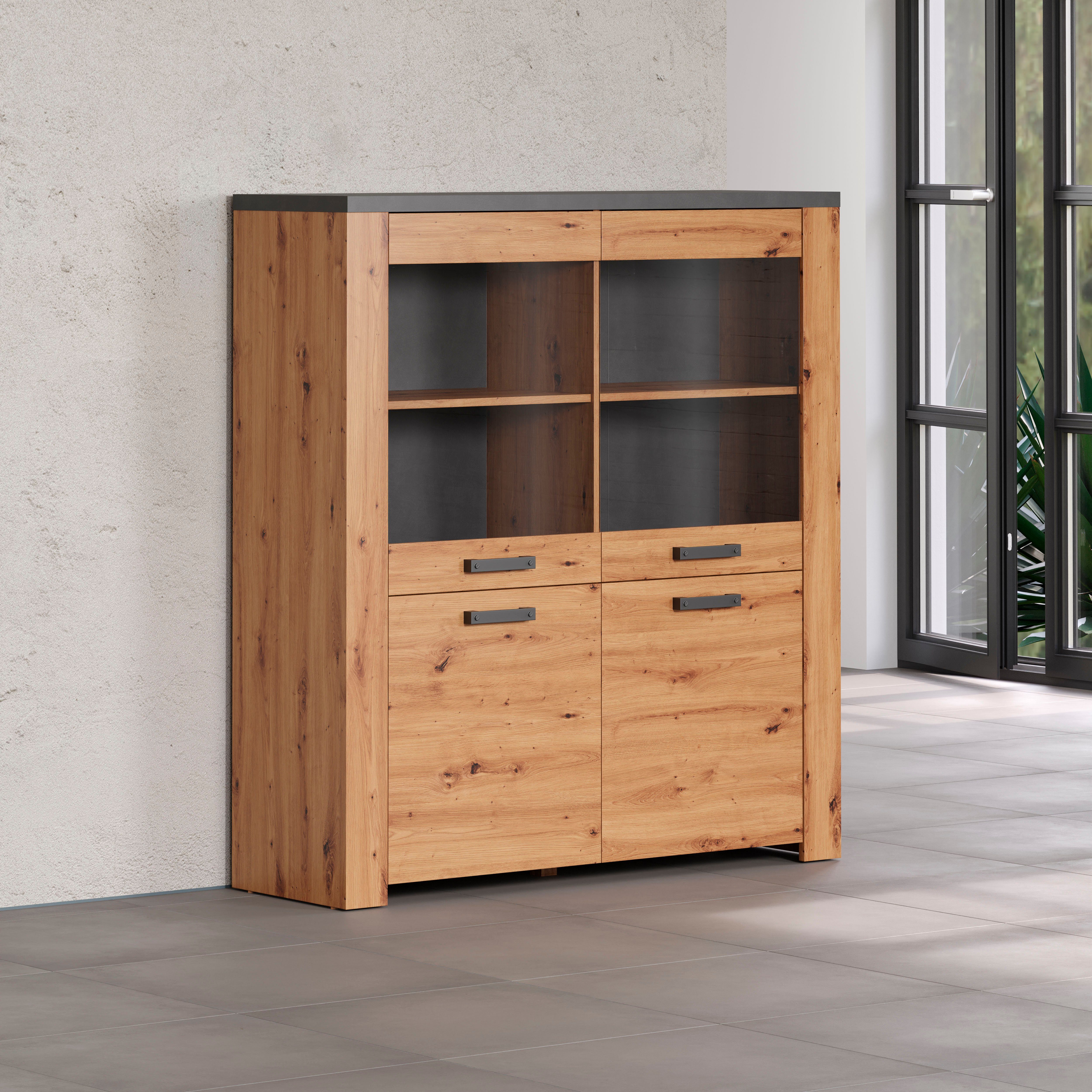 Home affaire Highboard Ambres Vitrine, echt houtlook, ca. Afmetingen BxH: 127x139 cm (1 stuk)