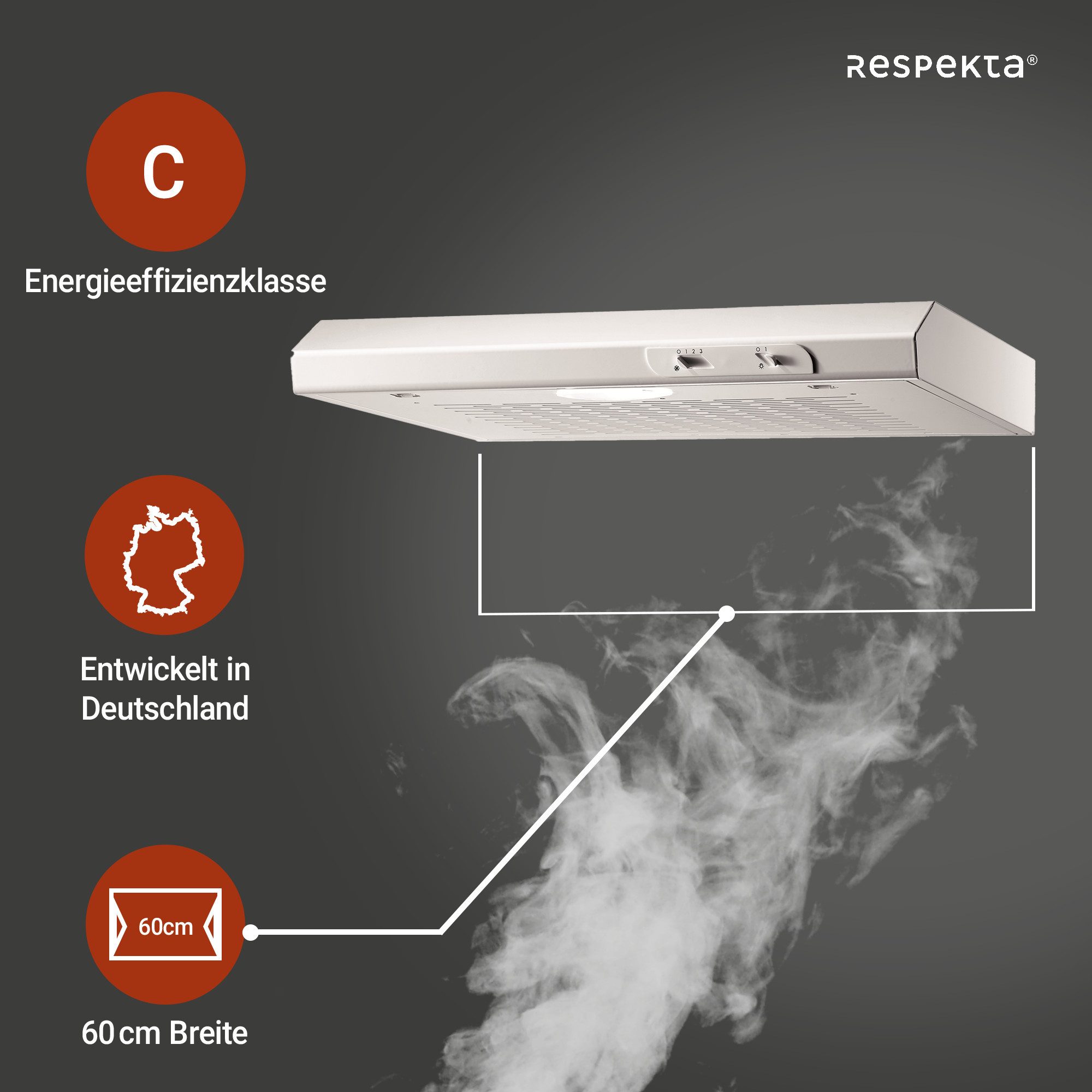 RESPEKTA Onderbouwkap DH 620 60 cm, 3 vermogensniveaus, led-verlichting, geschikt voor afzuiging en recirculatie