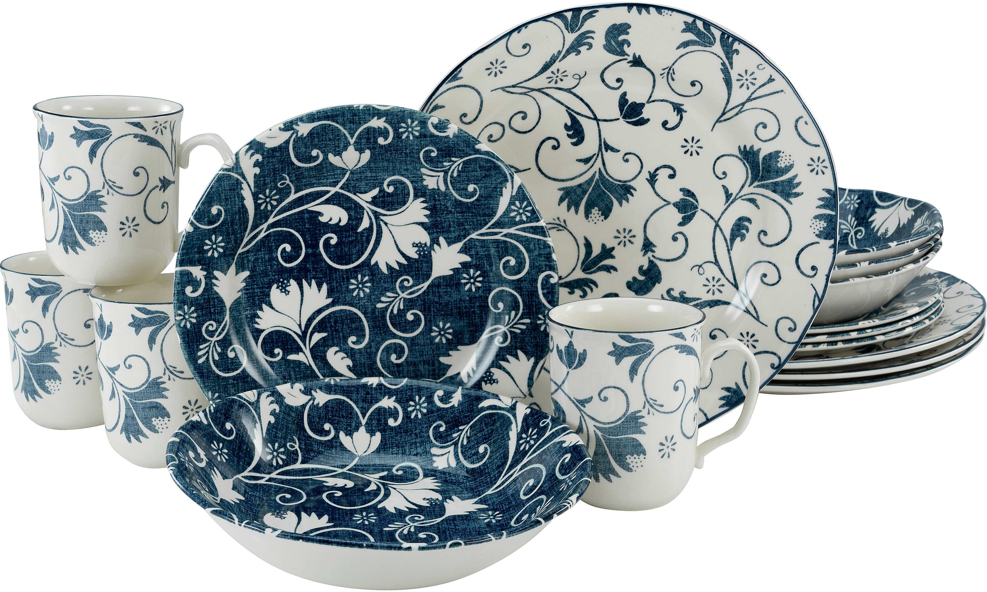 CreaTable combi-servies Damask uitbundig rankenornament in positief-negatief presentatie (set, 16-delig)