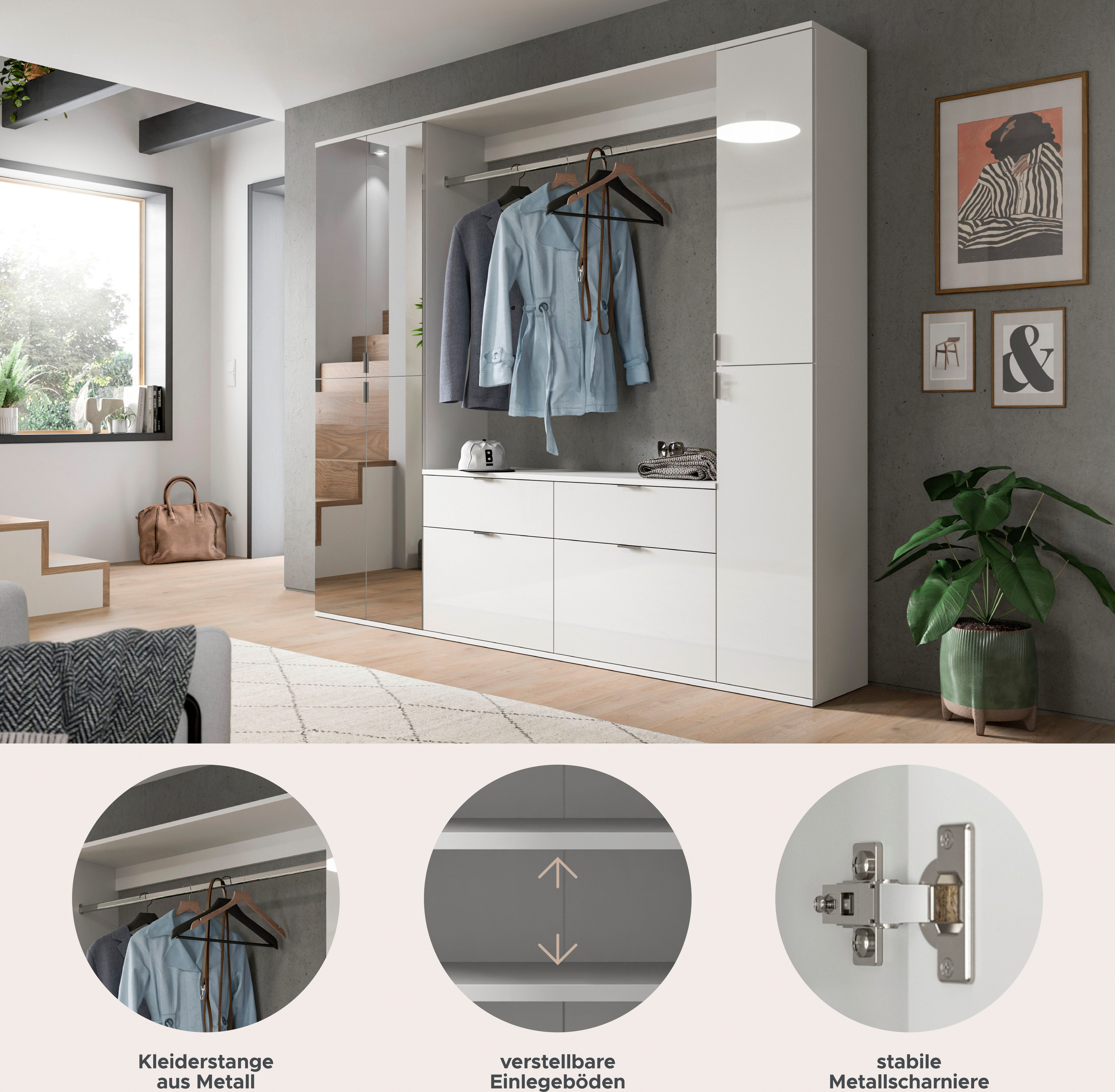 INOSIGN Halmeubelset Trondheim, Breedte 212 cm, 5-delig, bestaande uit: 2x garderobekast, 1 commode, 1 kledingstang, 1 legplank (set, 4-delig)