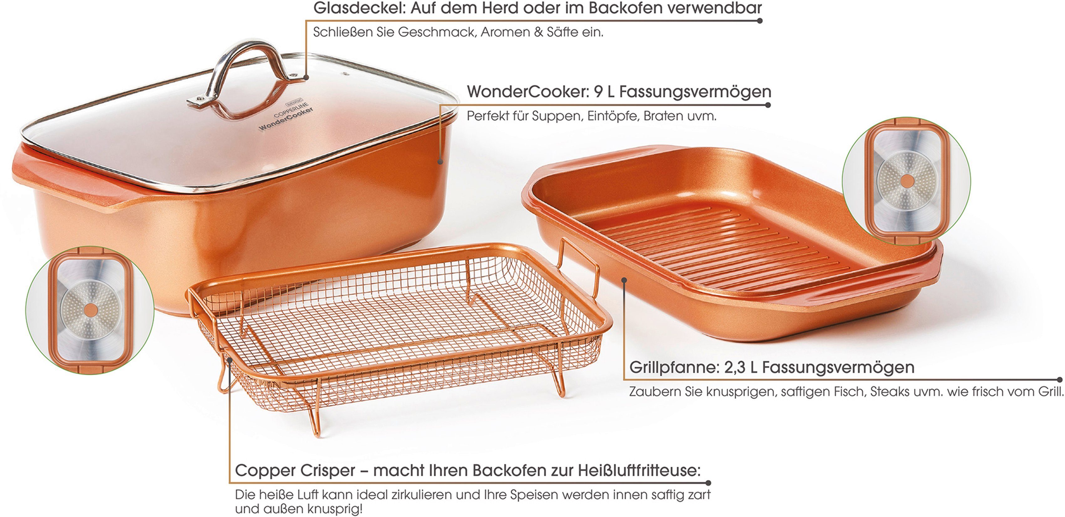 LIVINGTON Braadpan Cooperline Wonder Cooker inclusief grillpan, glazen deksel, cooper crisper, receptenboek, inductie (set, 5-delig)