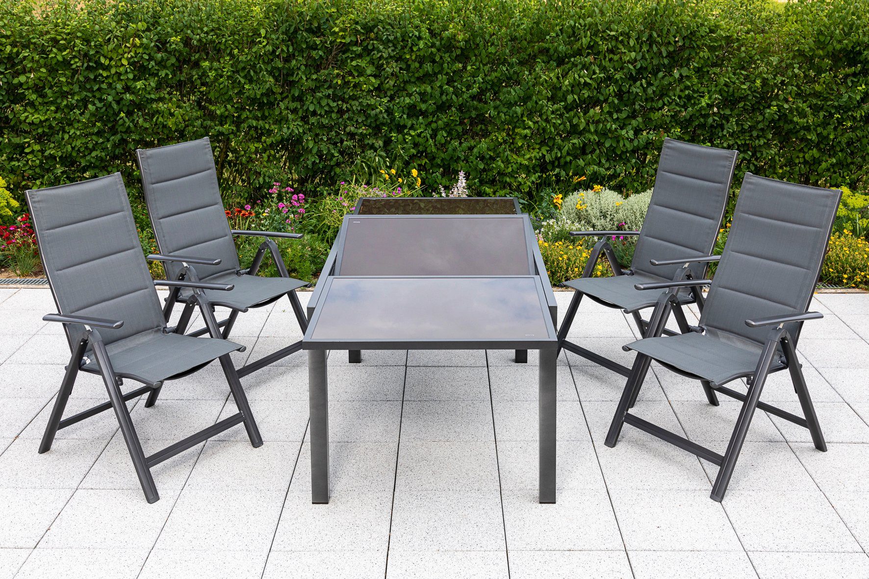 MERXX Tuin-eethoek Taviano 4 klapstoelen, 5-voudig verstelbaar, uitschuifbare tafel (set, 5-delig)