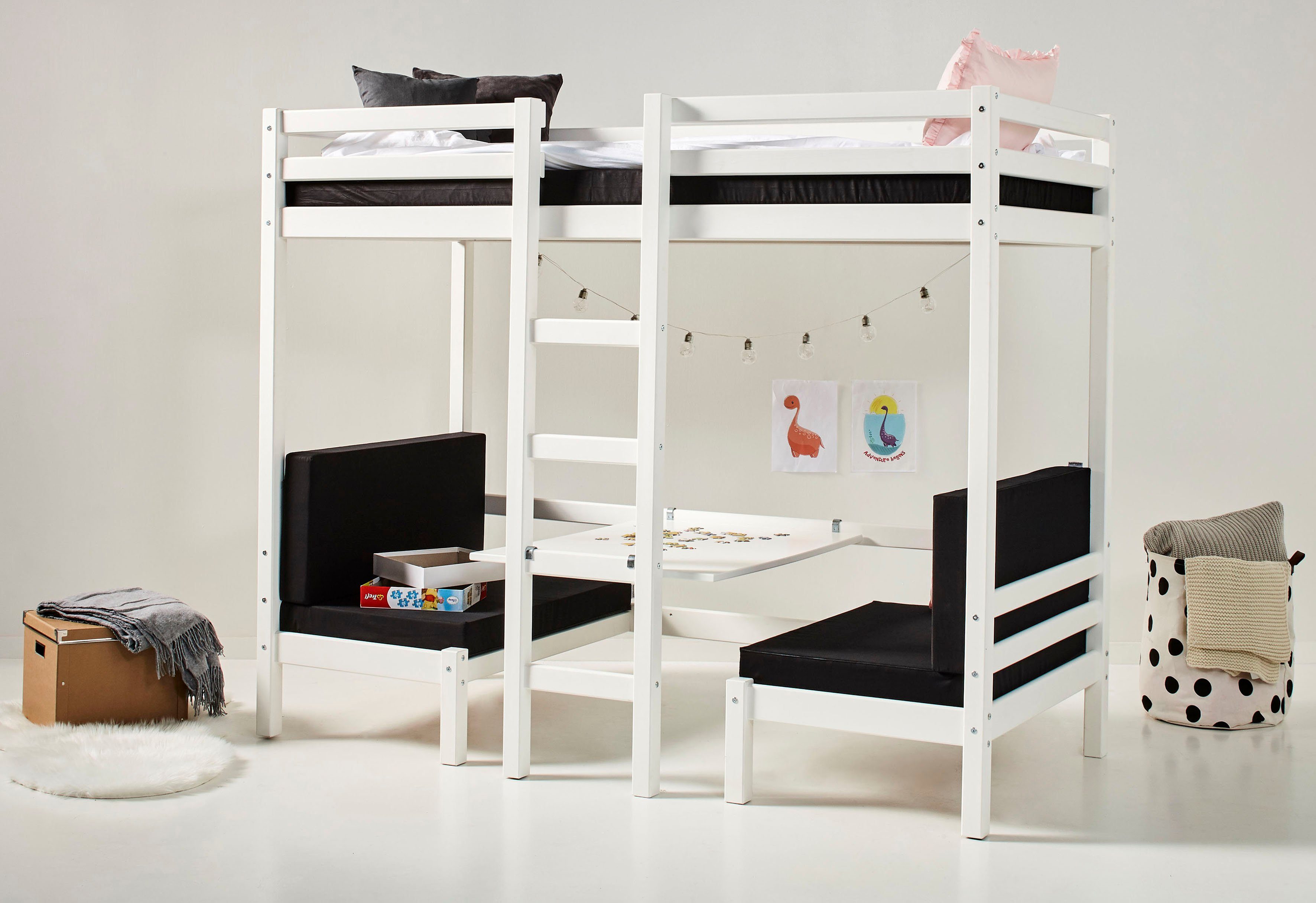 Hoppekids Hoogslaper ECO Dream JUMBO B/D/H 101/208/170 cm, ombouwbaar tot stapelbed met zitgroep, matrassen (boven en onder) in zwart, massief dennenhout/mdf