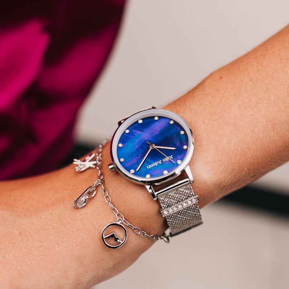 Julie Julsen Kwartshorloge CHARMING SILVER BLUE, JJW1231SME-34-2 Polshorloge, dameshorloge, charm horloge, zirkonia, PVD-gecoat