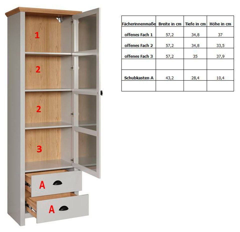 Home affaire Vitrinekast Herzwill lichtgrijs / artisan eiken, mat, 65 x 201 cm, met glasdeur