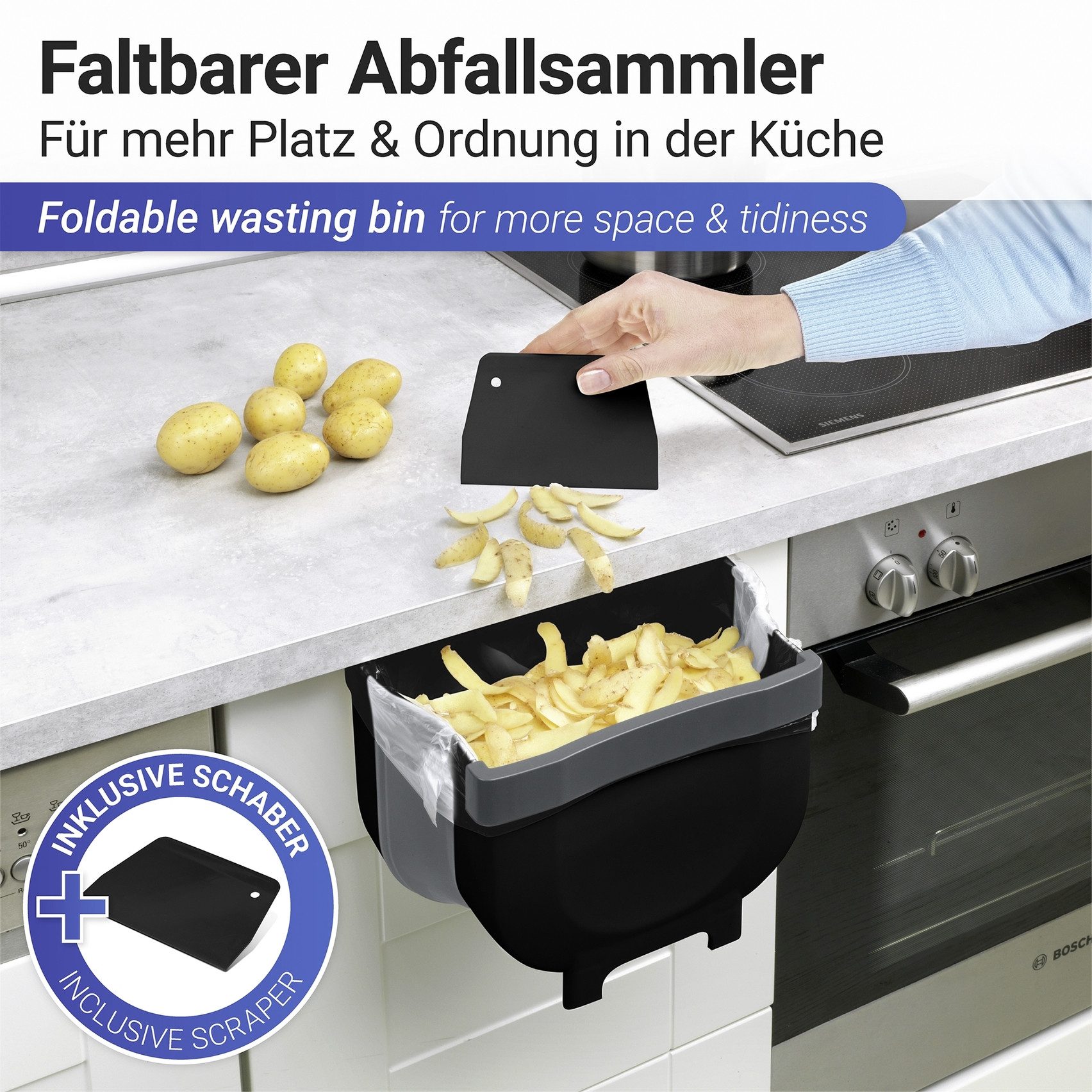 WENKO Inbouwprullenbak Fago opvouwbare afvalemmer om aan de kastdeur te hangen, kunststof, 5 l (1 stuk)