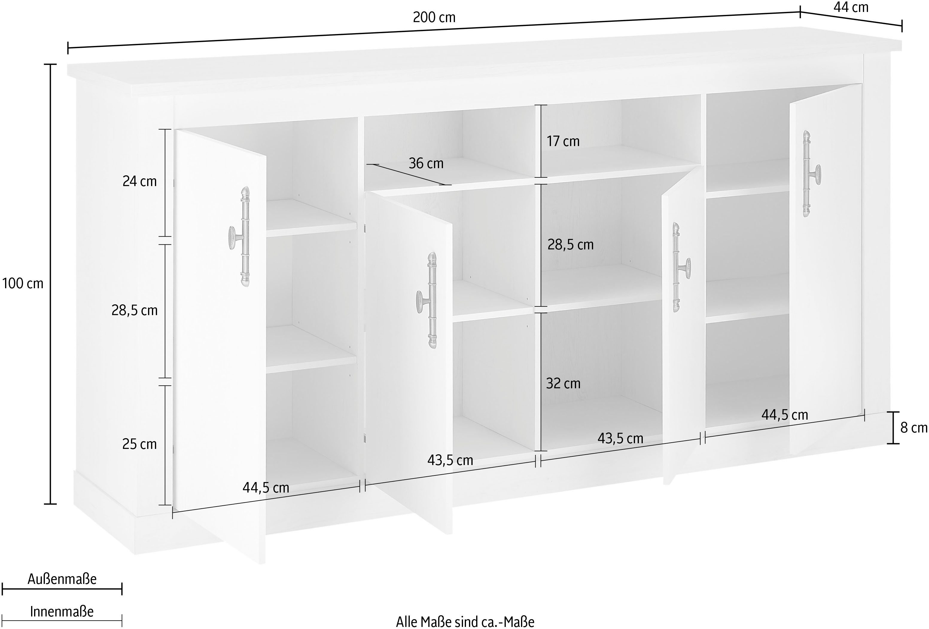 Home affaire Dressoir Ravenna in romantische landelijke stijl, grepen van metaal, breedte 201 cm