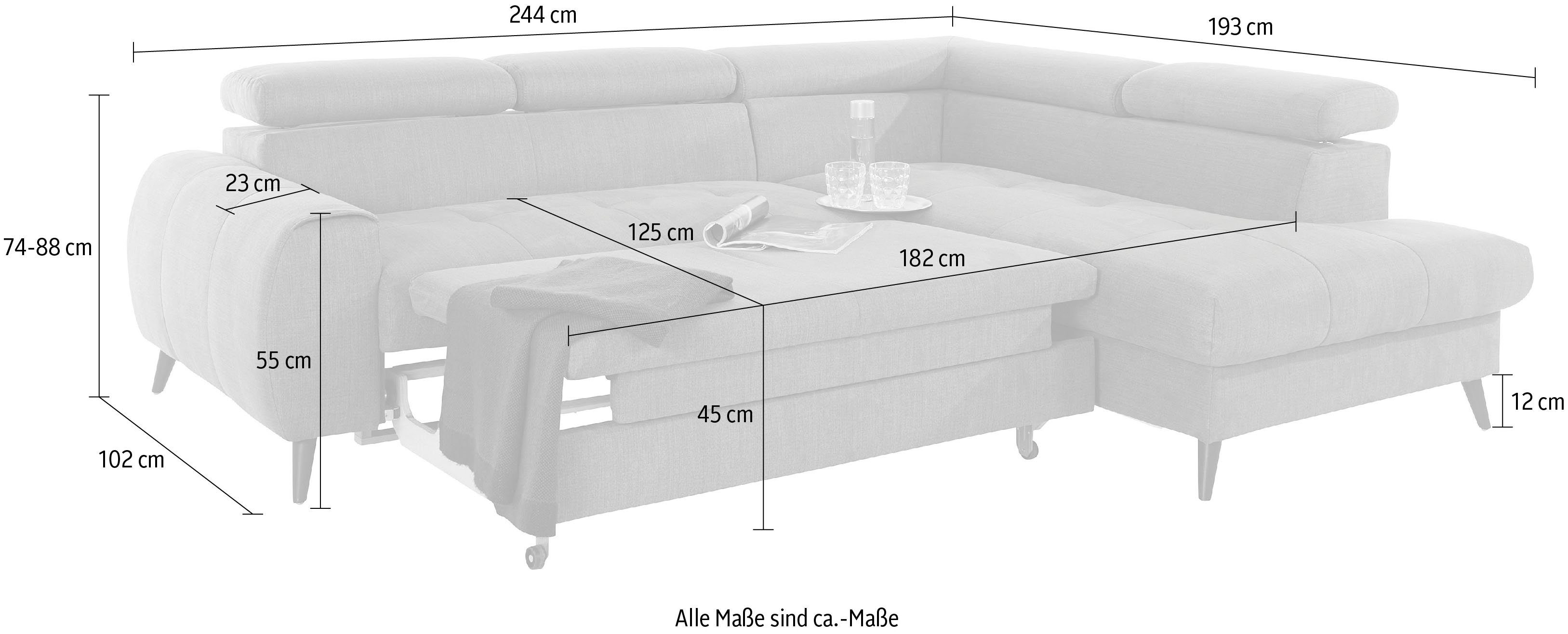 COTTA Hoekbank Mia L-vorm met 3 sierkussens 3-delige kussenset, ottomane, naar keuze met of zonder rgb-verlichting