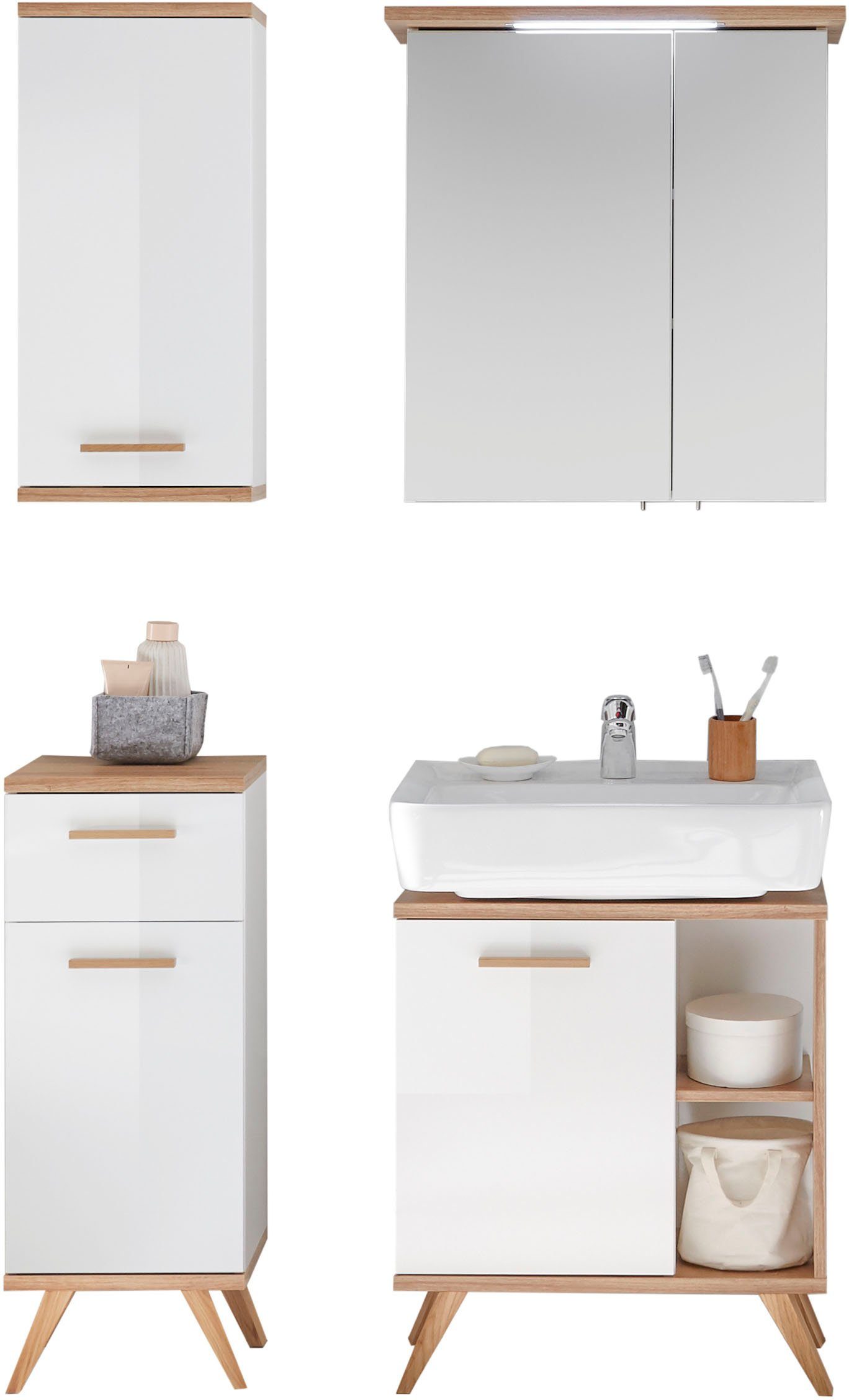 Saphir Badkamerserie Quickset 4-delig, wastafelonderkast met led-spiegelkast Onderkast, hangkast, incl. deurdempers, 5 deuren, 1 lade (4-delig)