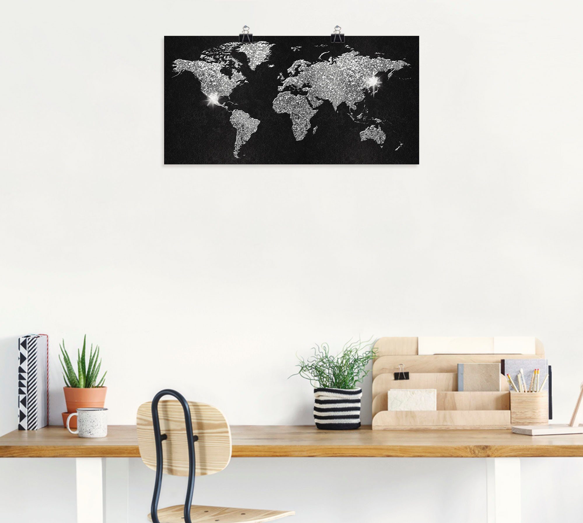 Artland Artprint Wereldkaart glitter als artprint van aluminium, artprint voor buiten, artprint op linnen, poster, muursticker