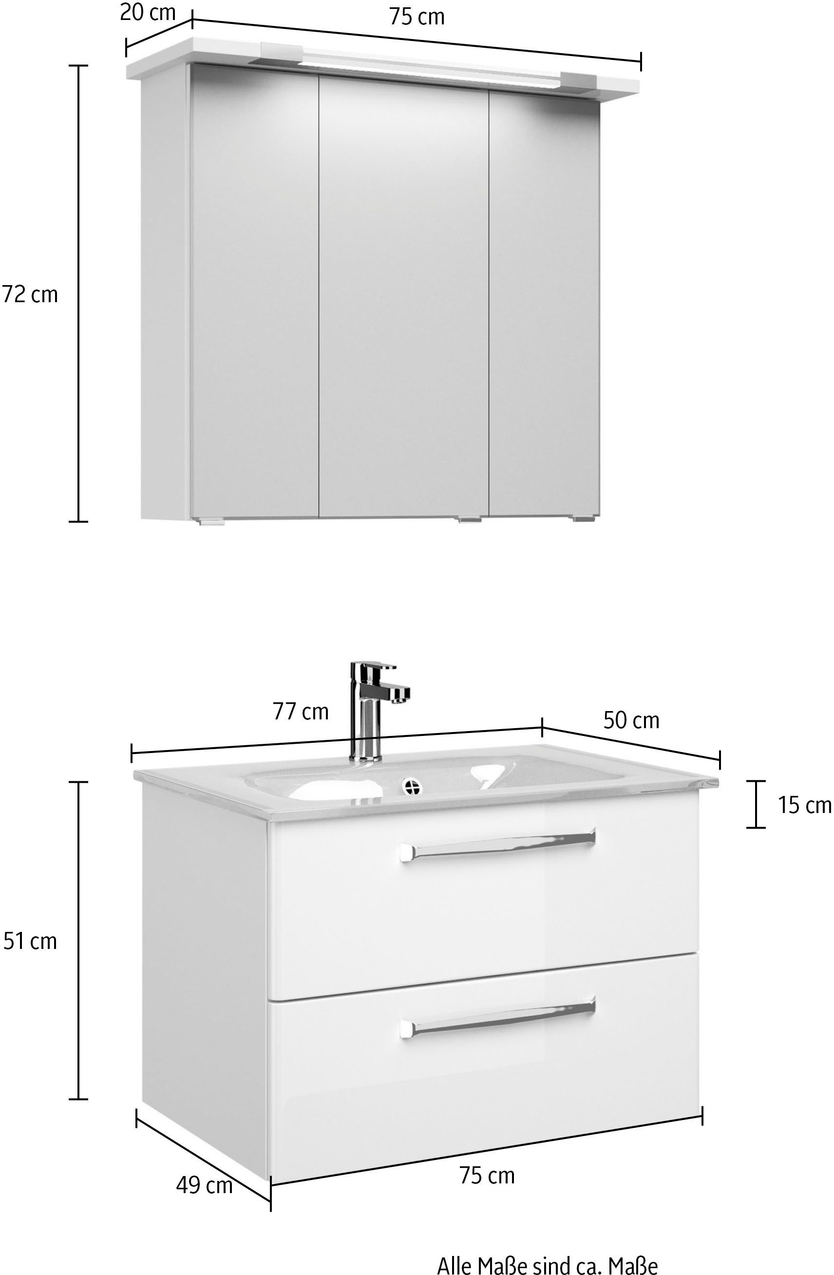 Saphir Badmeubelset Trentino 2-delig glas wasbak, spiegelkast met LED-profiel Badkamermeubel-set 77cm breed, incl. deurdemper, 3 deuren, 2 lades (3 stuks)