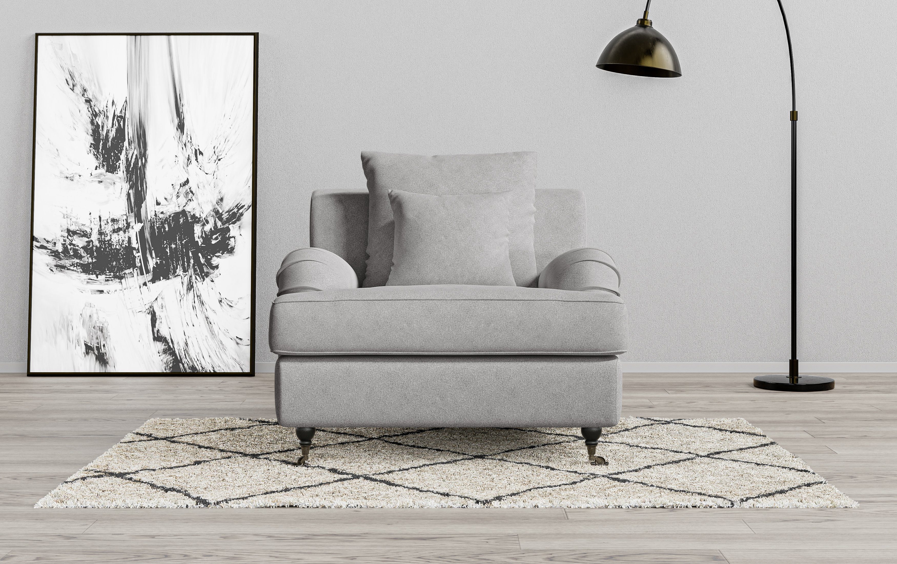 Guido Maria Kretschmer Home&Living Fauteuil NORIN twee soorten poten: voor - wieltjes, aan de achterkant - houten poten fauteuils maat Bouclé grijs