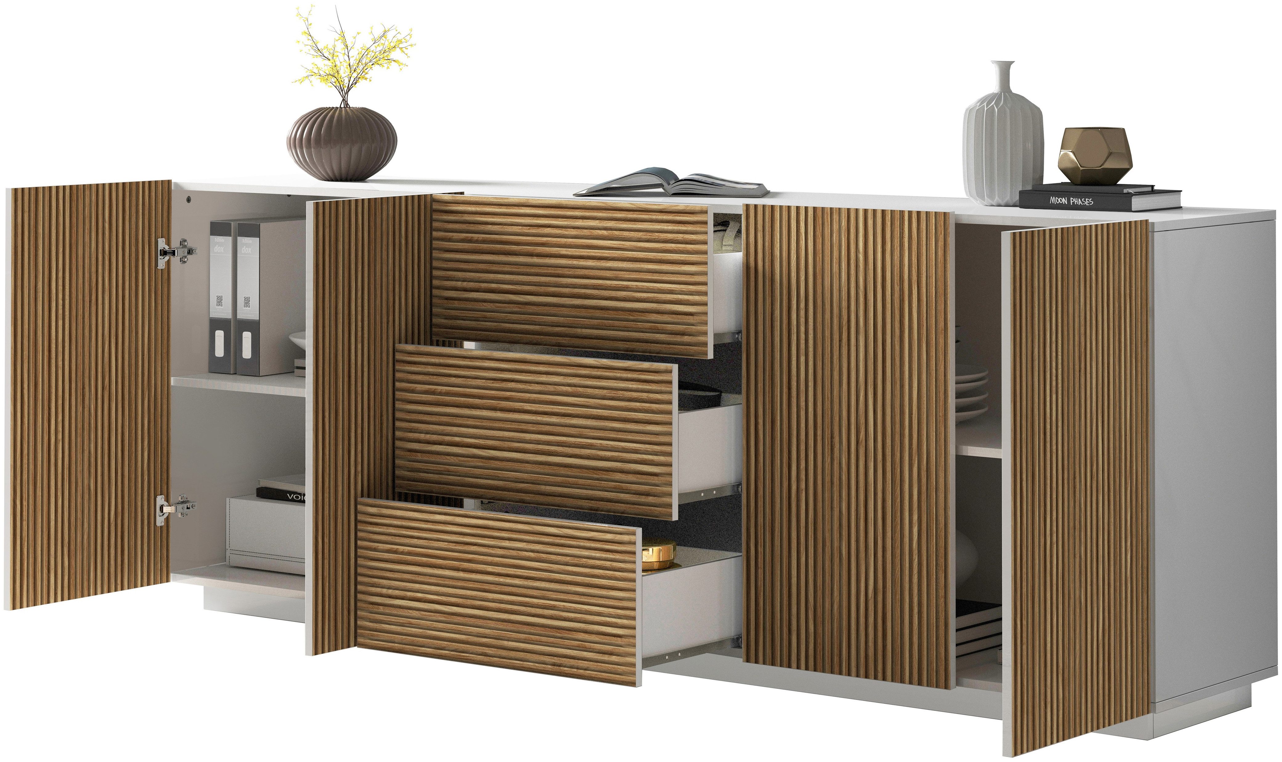 INOSIGN Dressoir Vega Sideboard, Ladekast, 220 cm met 4 deuren en 3 lades, fronten met groeflook