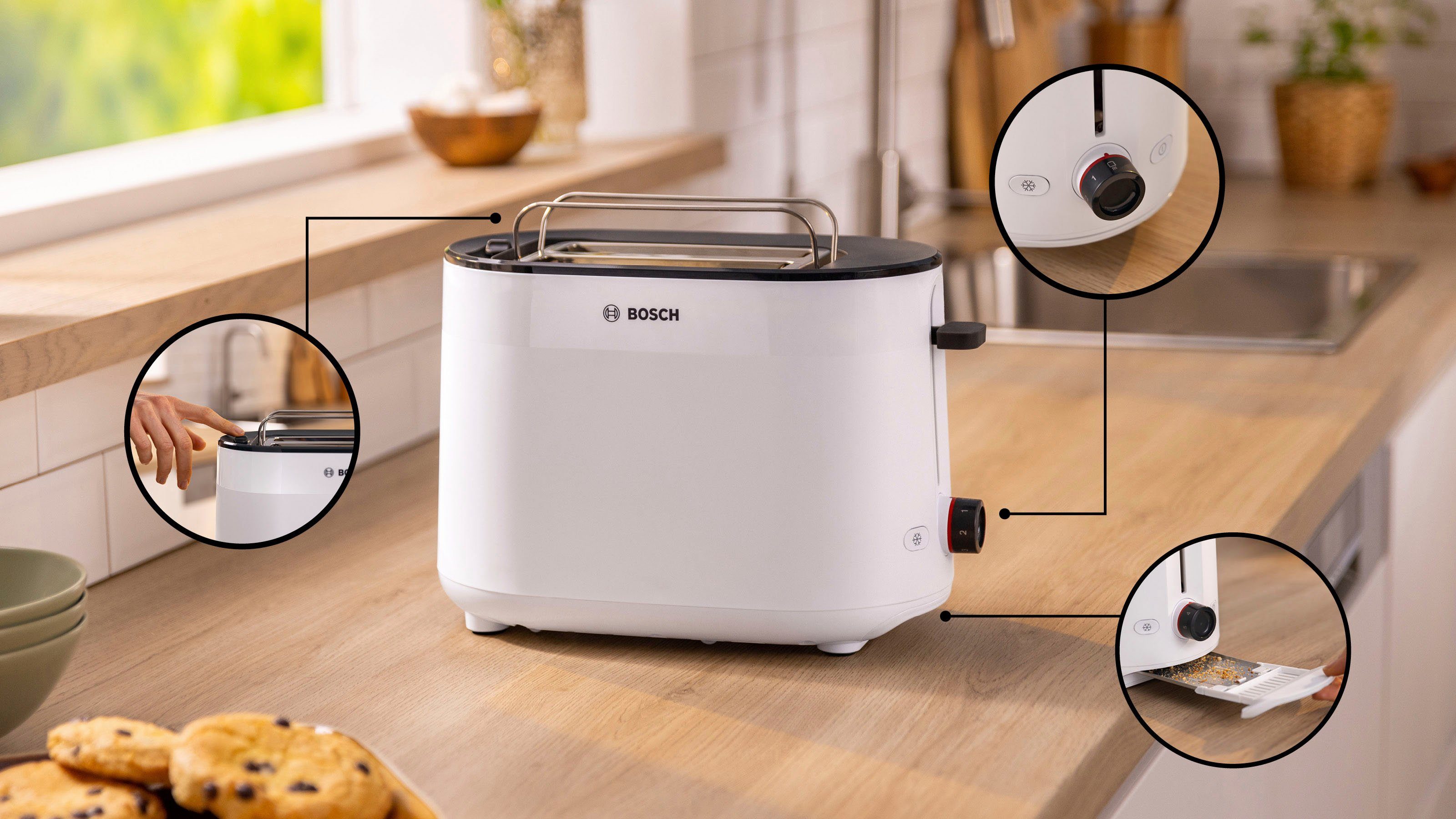 BOSCH Toaster MyMoment TAT2M121 geïntegreerde opzet voor broodjes, ontdooi-functie, brood centreren, auto off
