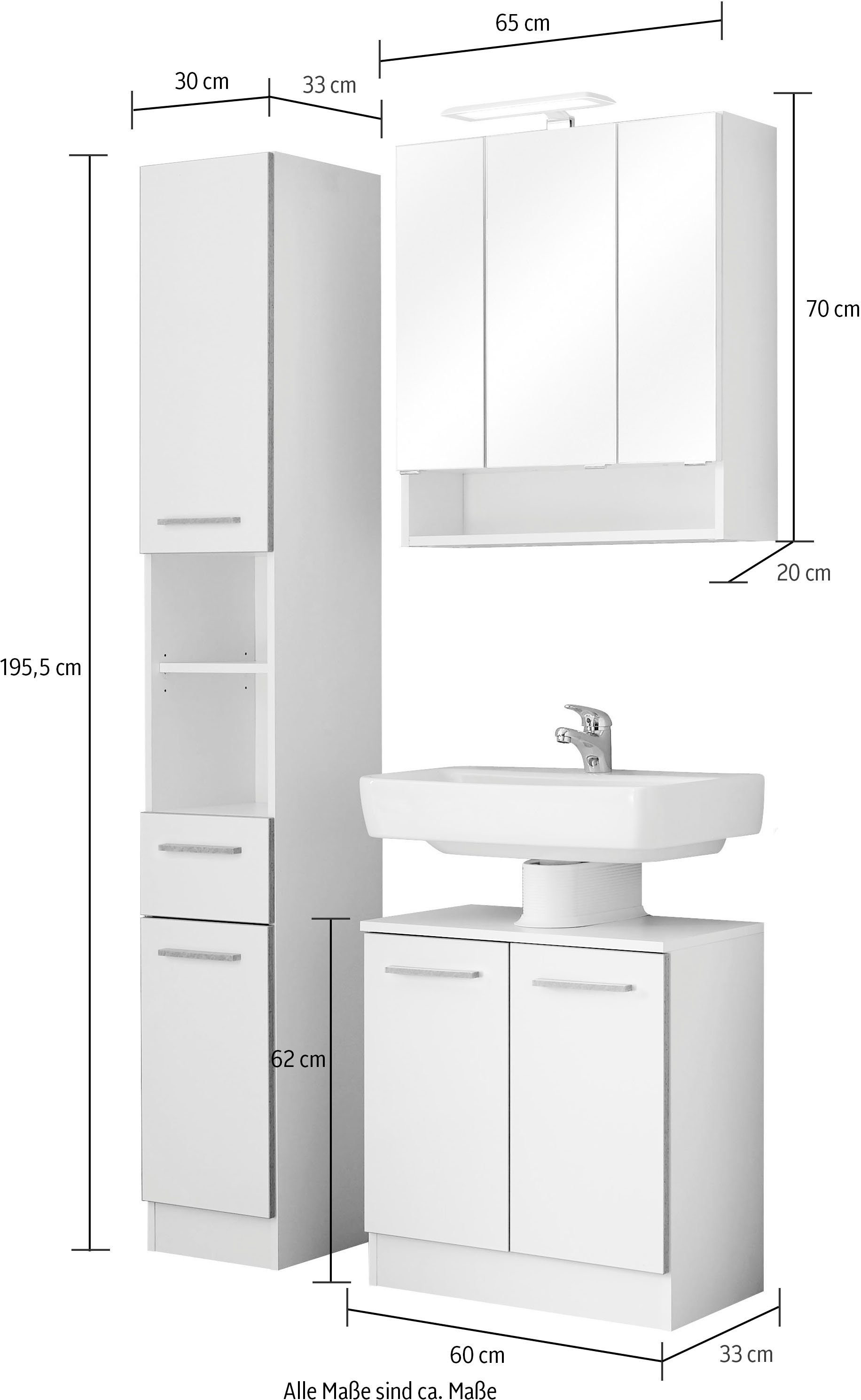 Saphir Badmeubelset Quickset 953 3-delig, wastafelonderkast en led-spiegelkast in glanzend wit, badkamermeubel inclusief deurdemper, zonder wasbak, 7 deuren (set)