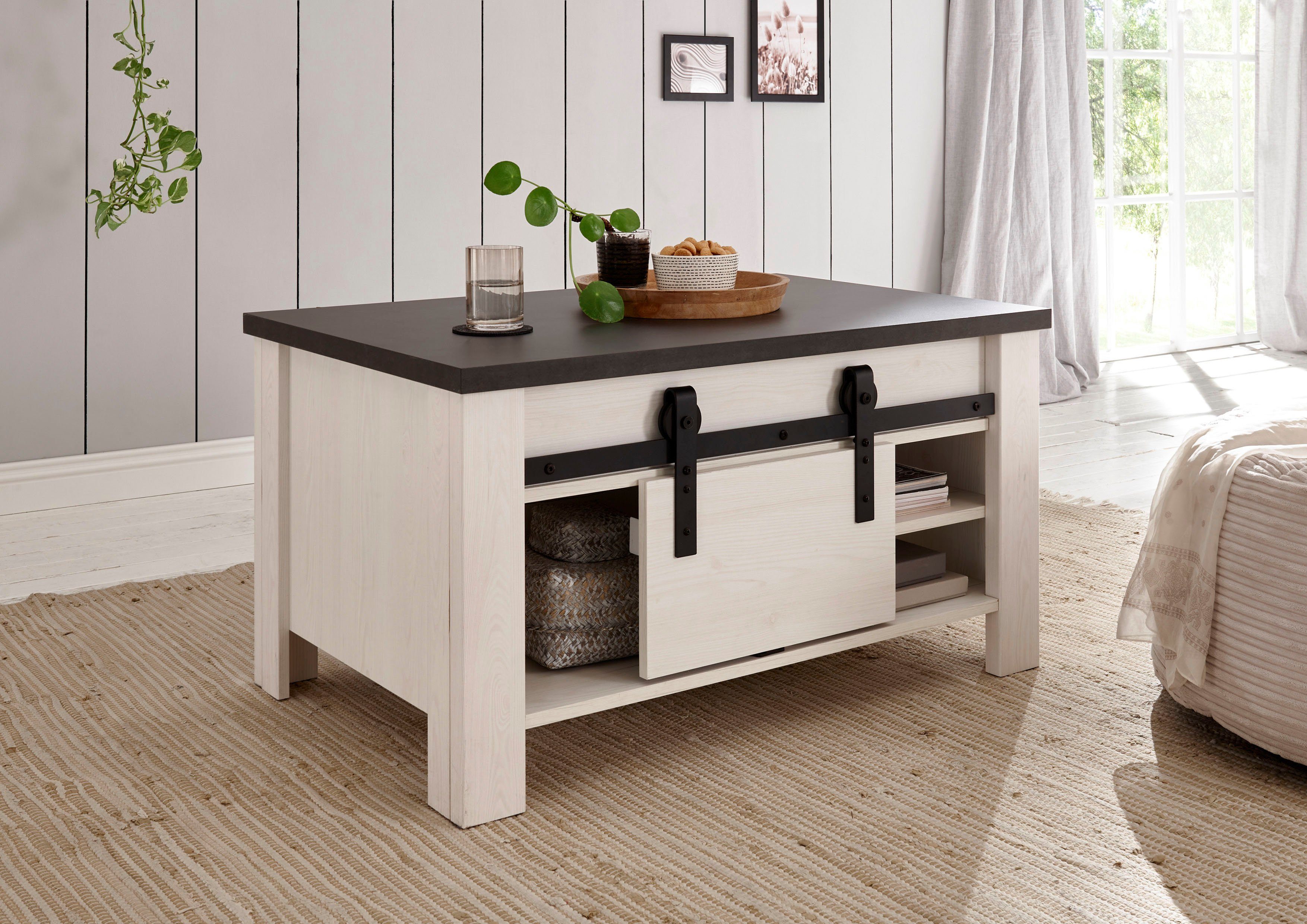 Home affaire Salontafel Sherwood moderne houtdecor, met schuurdeurbeslag van metaal, breedte 93 cm