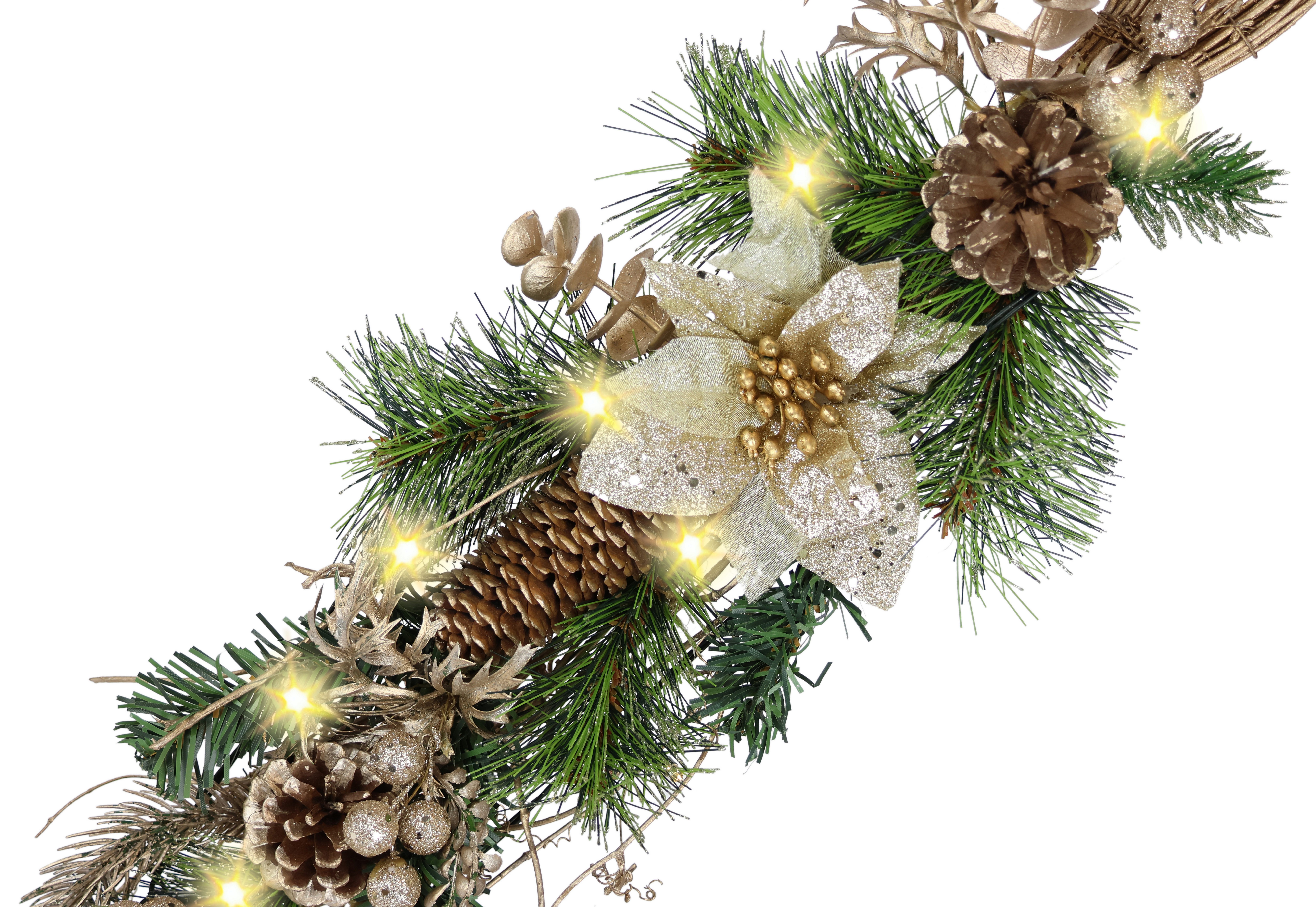 I.GE.A. Kunstguirlande Kerstguirlande versierd, met LED-licht Met kerstster kegels bessen dennen decoratieve takken kunstslinger krans (1 stuk)