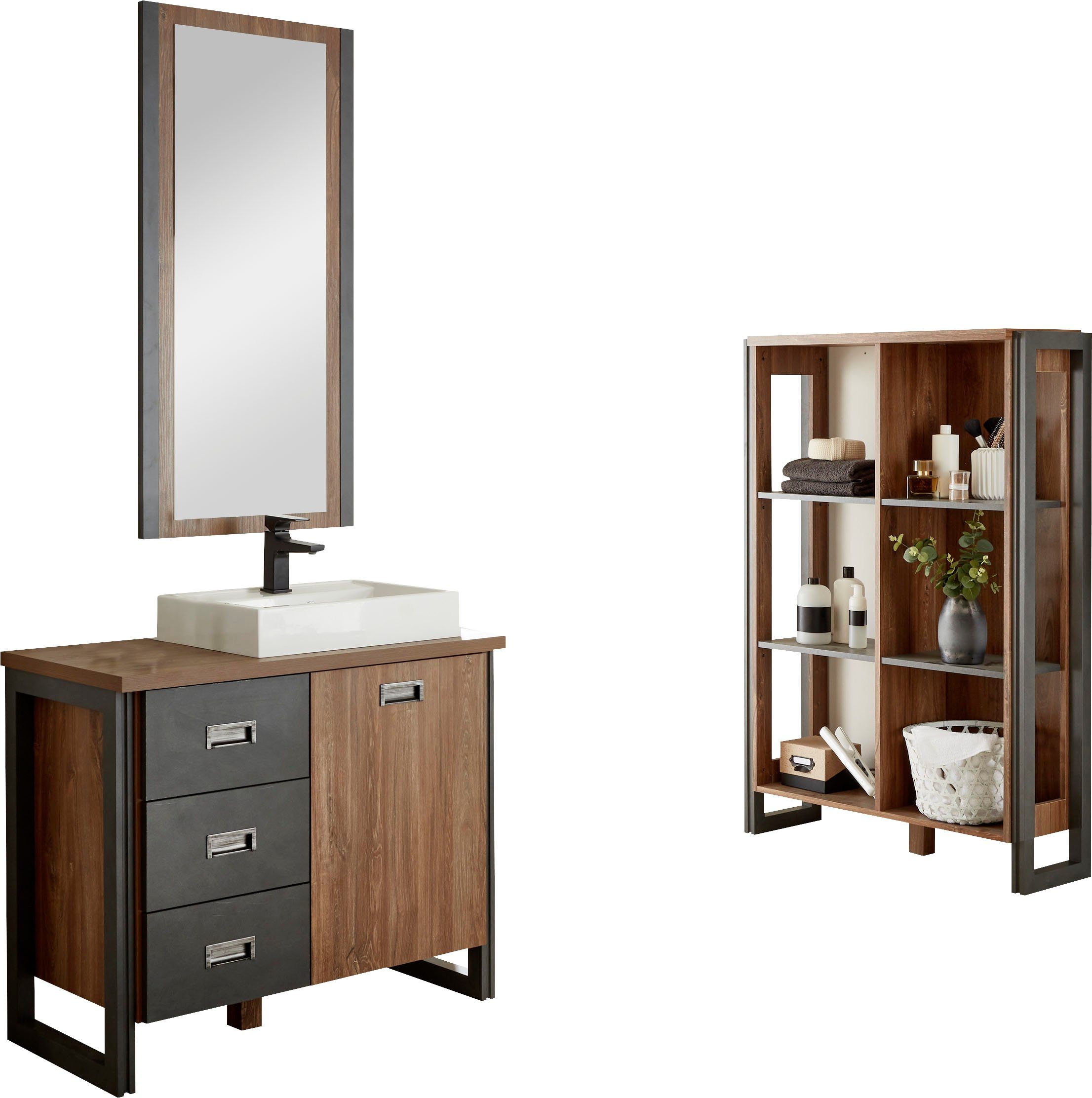 Home affaire Badkamerserie Detroit, Bad im Industrialdesign, 3-teiliges Badezimmer inclusief opzetwasbak van mineraalgietwerk (set, 3-delig)