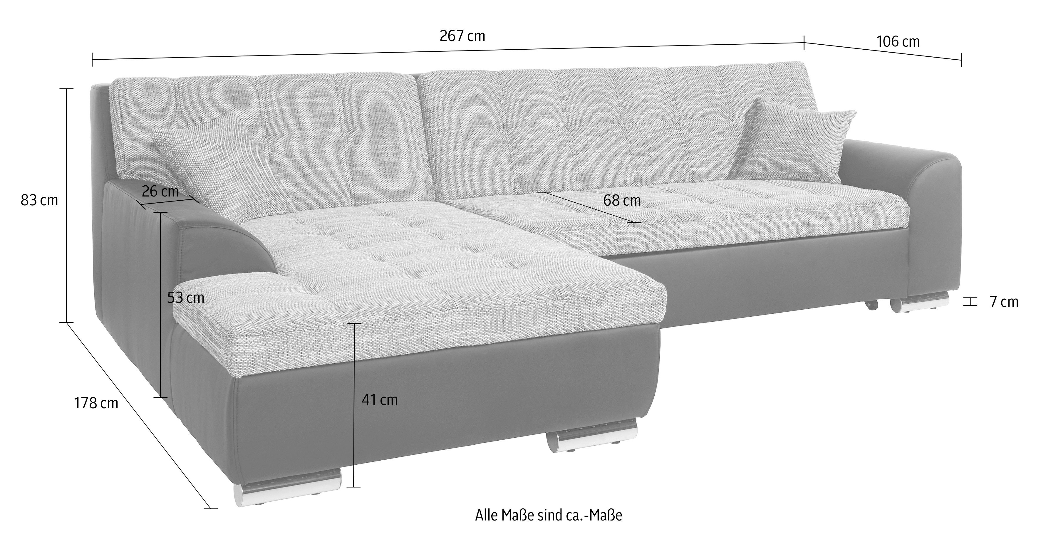 DOMO collection Hoekbank Treviso veel bekledingen, ook in cord, L-vorm, B/D/H: 267/80/83 cm optioneel met slaapbank functie, incl. sierkussens, hoogwaardig doorgestikt patroon