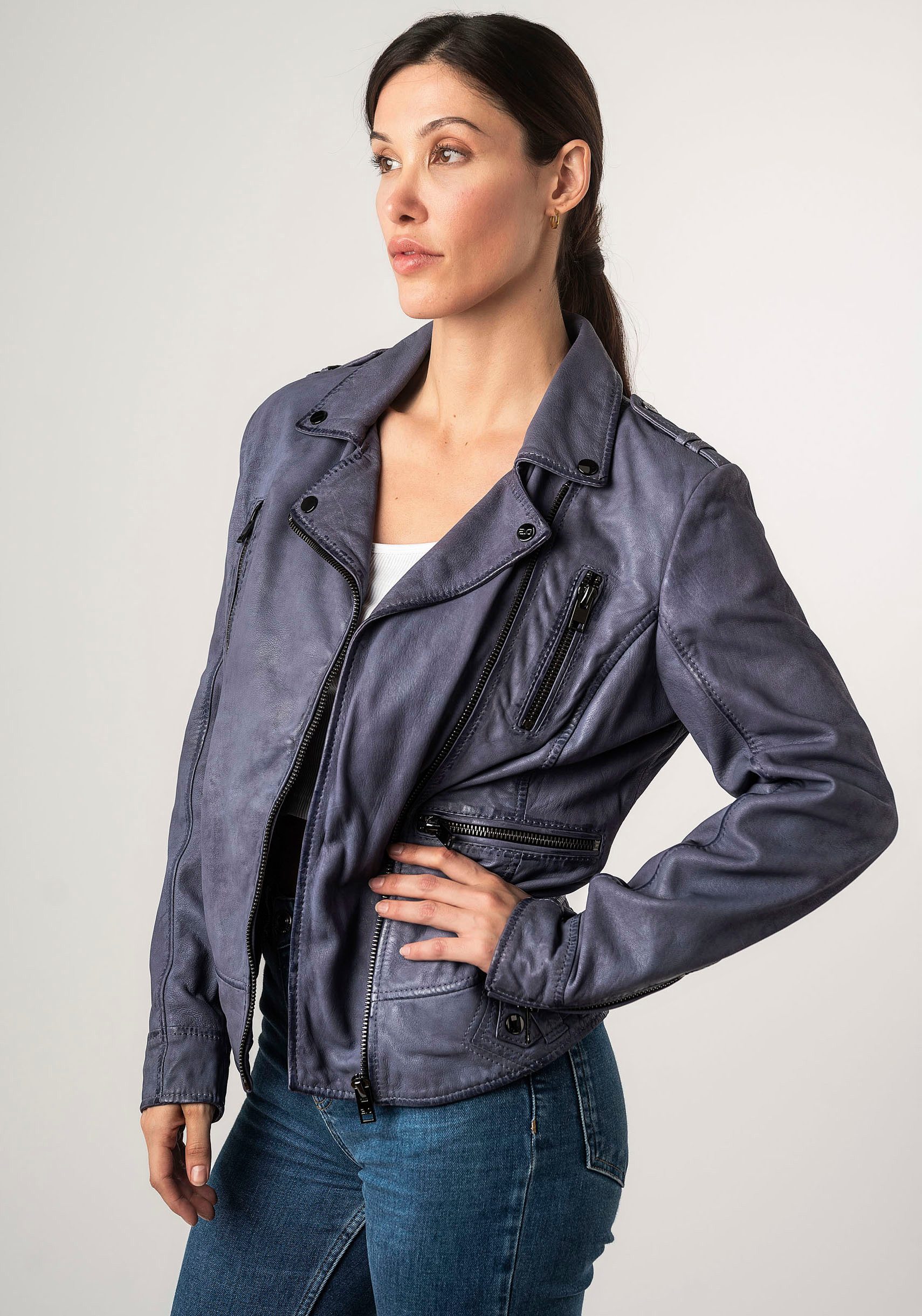Mauritius Leren jack 2Wtashi met schouderflappen, met studs, met ritszakken