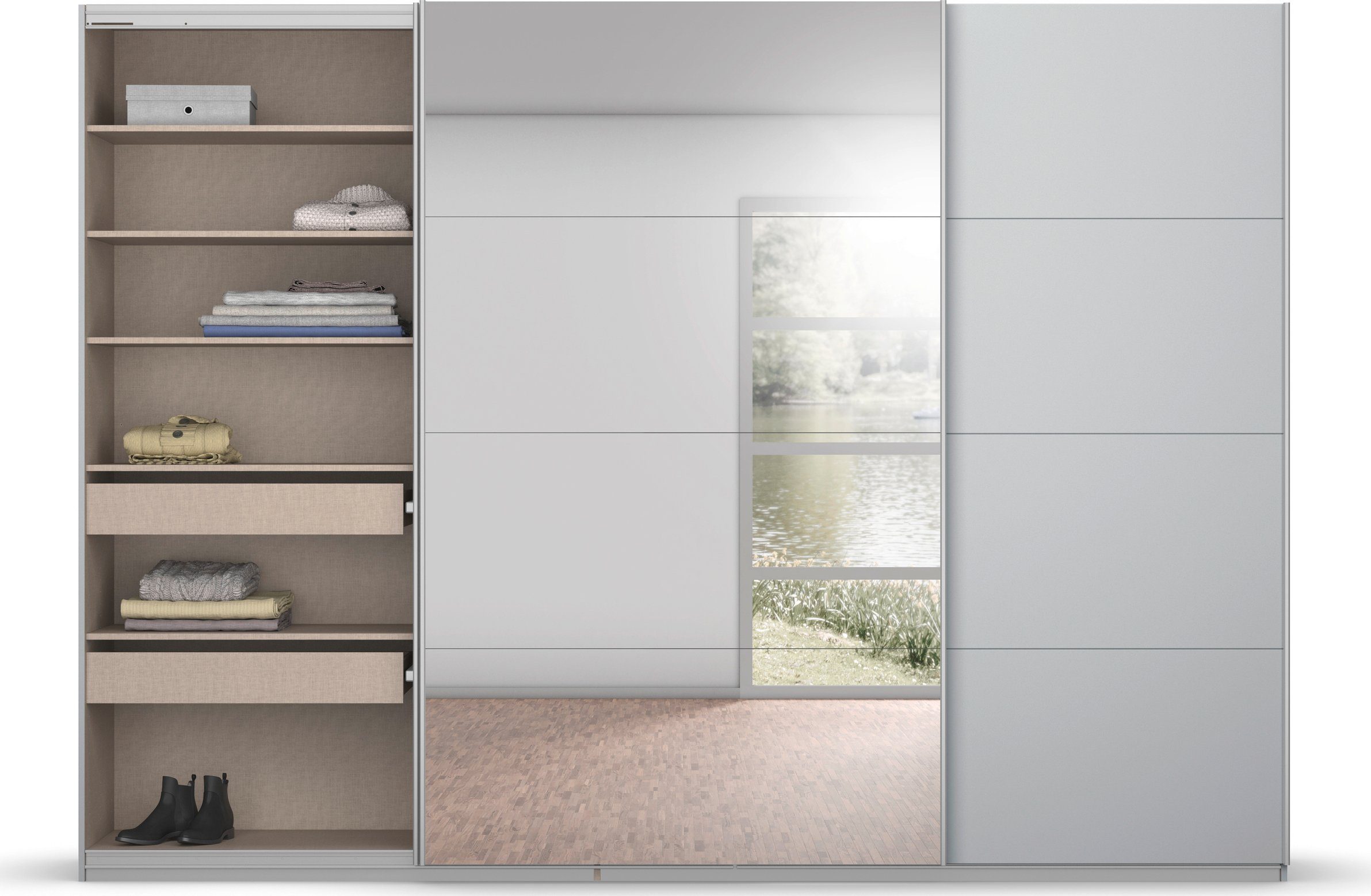 rauch Zweefdeurkast Kledingkast kast garderobe BESTSELLER KOLUNA met spiegel inclusief 2 binnenladen en extra legplanken made in germany