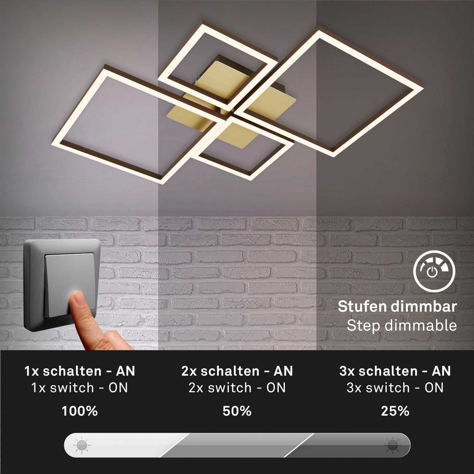 Briloner Leuchten Led-plafondlamp 3128017 FRAME Geheugenfunctie, dimbaar, draaibaar, 3000K warmwit, goudkleur-bruin