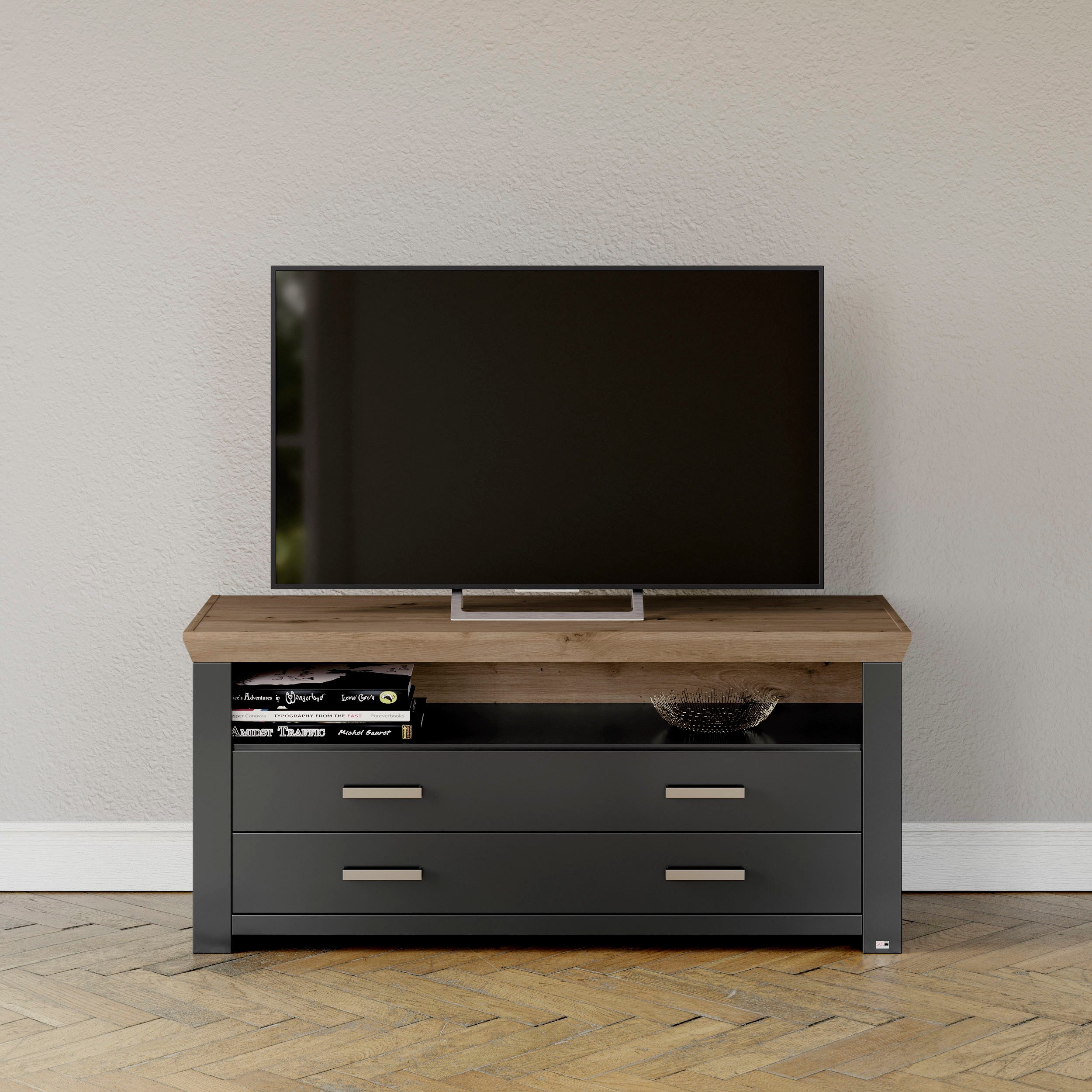 set one by Musterring Tv-meubel York Type 32, met 4 laden, verlichting optioneel, breedte 140 cm lowboards grijs