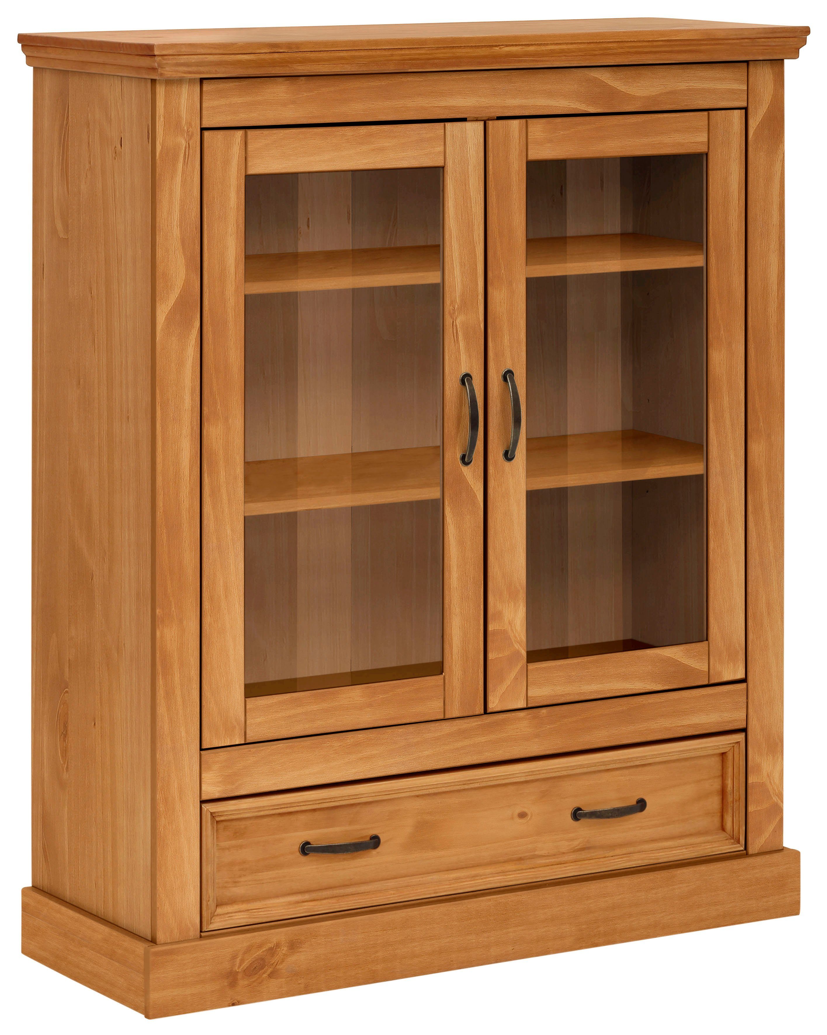 Home affaire Vitrinekast Selma Highboard gemaakt van massief grenen, met metalen handgrepen in een antieke look